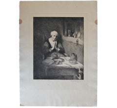 Portrait d'une femme âgée priant à une table, gravure sur toile