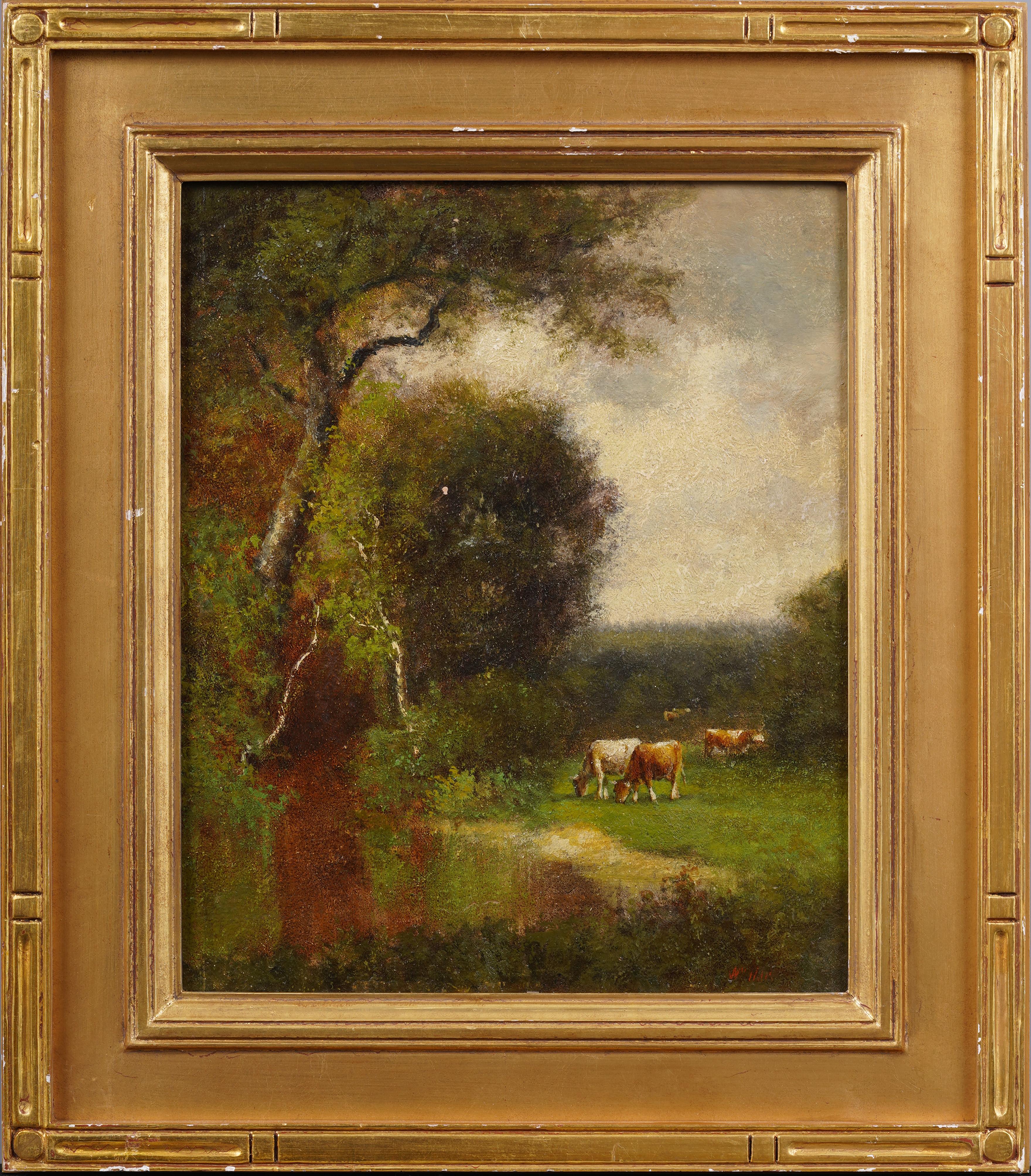 Antique American Hudson River School Cows Grazing Signed Framed Oil Painting - Brown Landscape Painting by William Hart