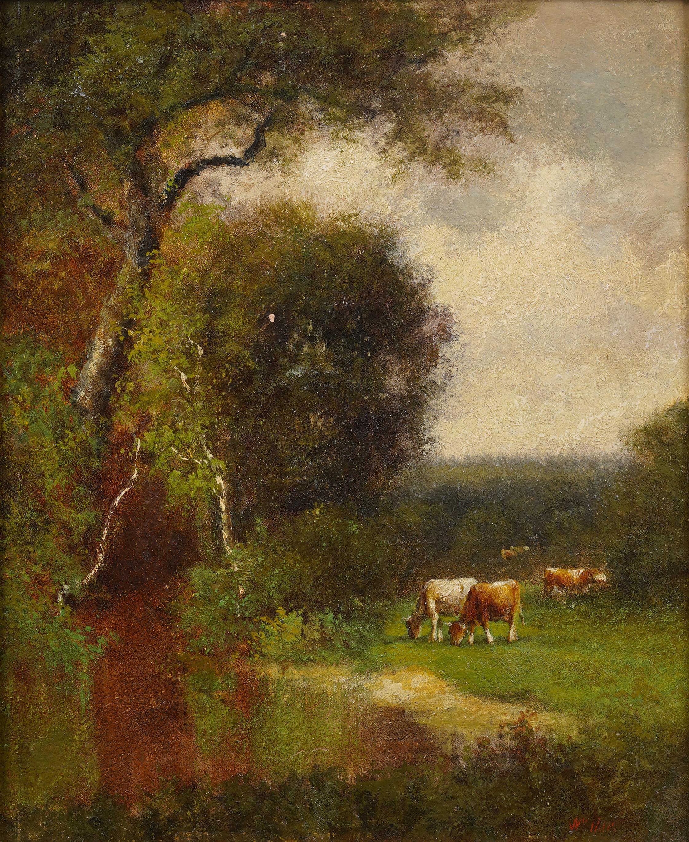 Incredible early American Hudson River School landscape painting by William Hart (1823 - 1894).  Oil on board.  Framed.  Signed.  Measuring 15 by 17 inches overall and  image size, 10 by 12 inches.
