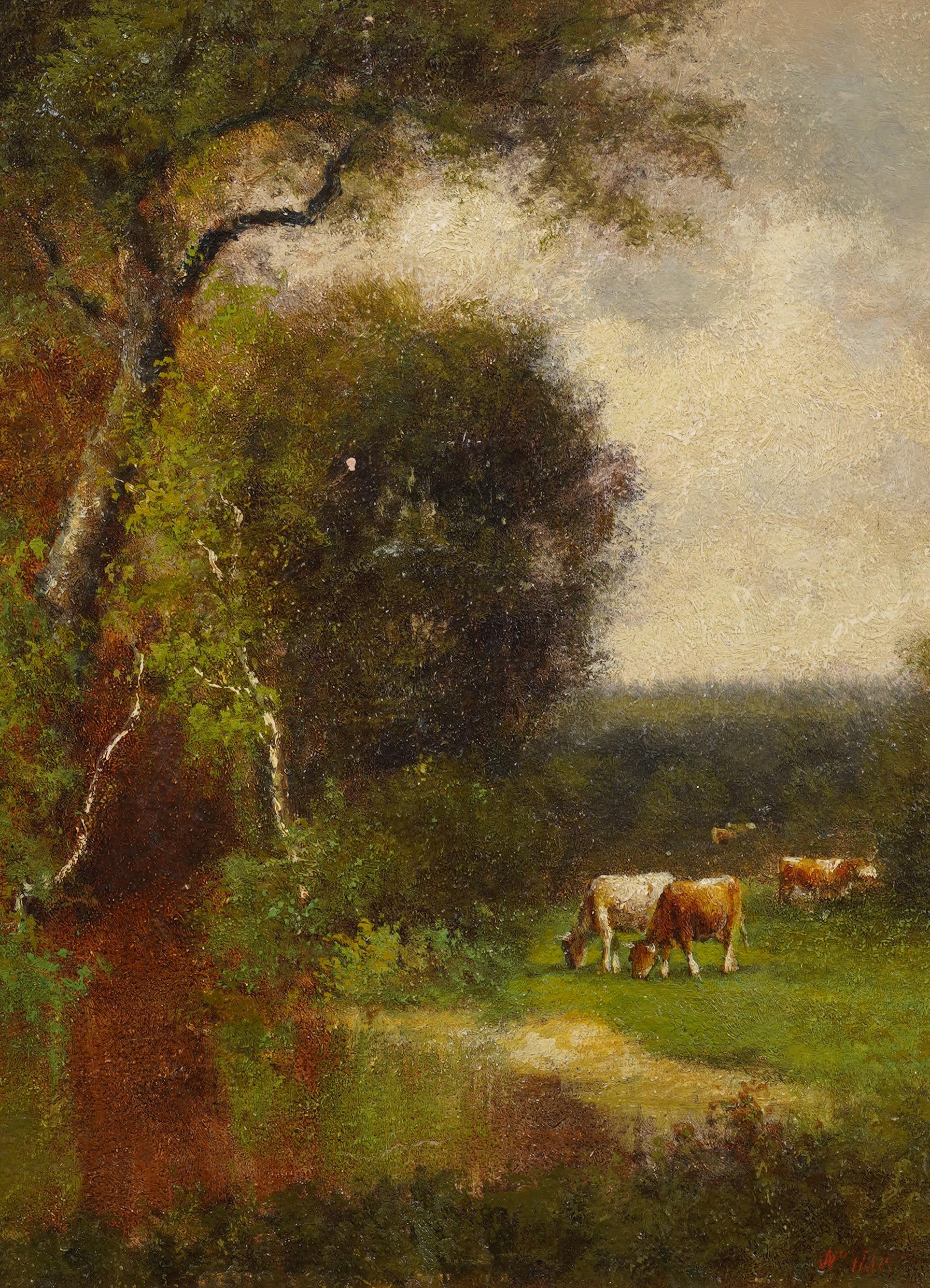 Antique American Hudson River School Cows Grazing Signed Framed Oil Painting For Sale 1