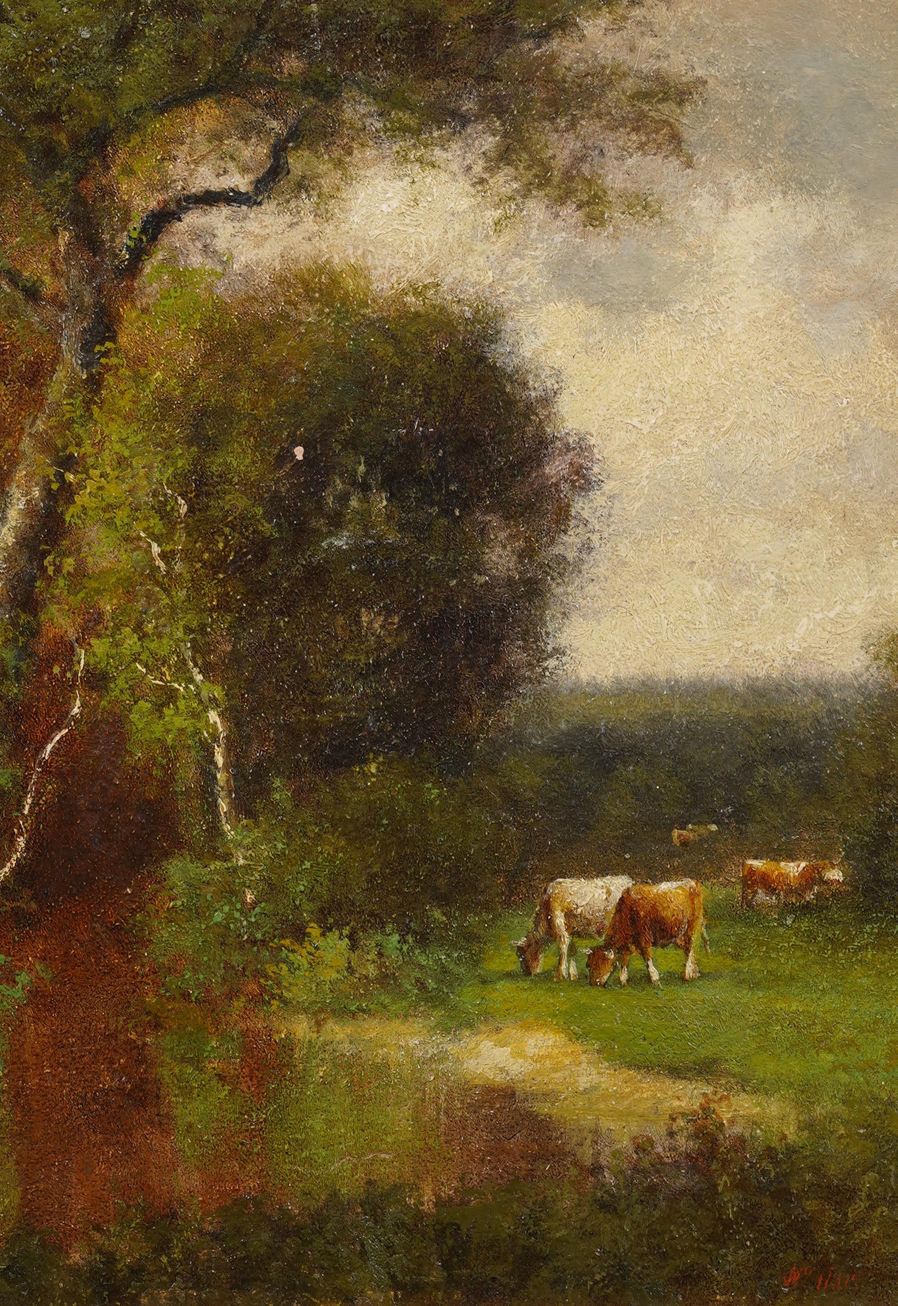 Antique American Hudson River School Cows Grazing Signed Framed Oil Painting For Sale 2