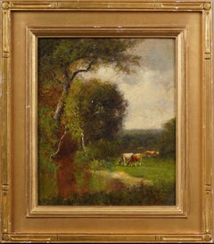 Antique American Hudson River School Cows Grazing Signed Framed Oil Painting