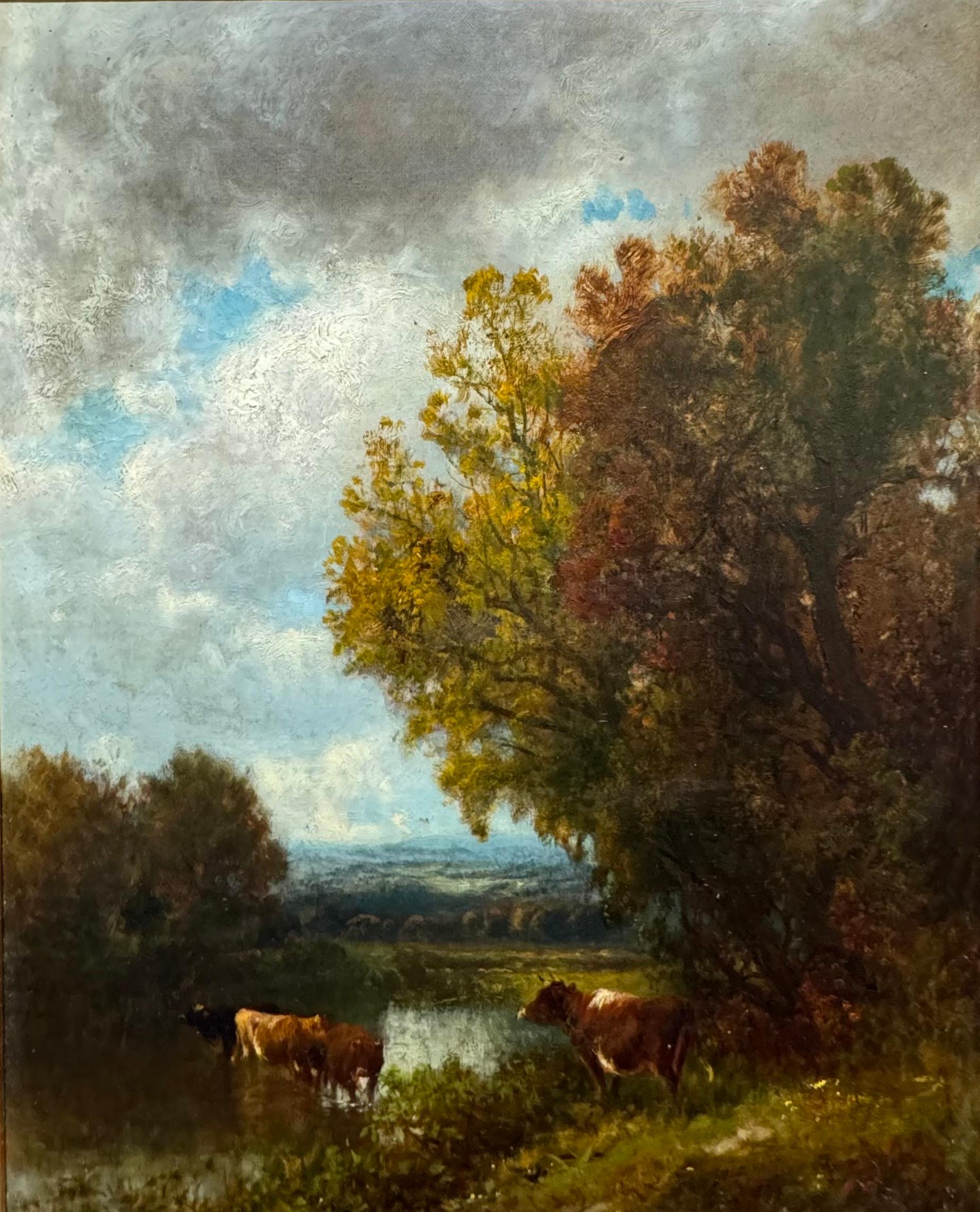 EXPUESTO Escuela americana de vacas del río Hudson Paisaje de arroyo con vacas - Painting de William Hart