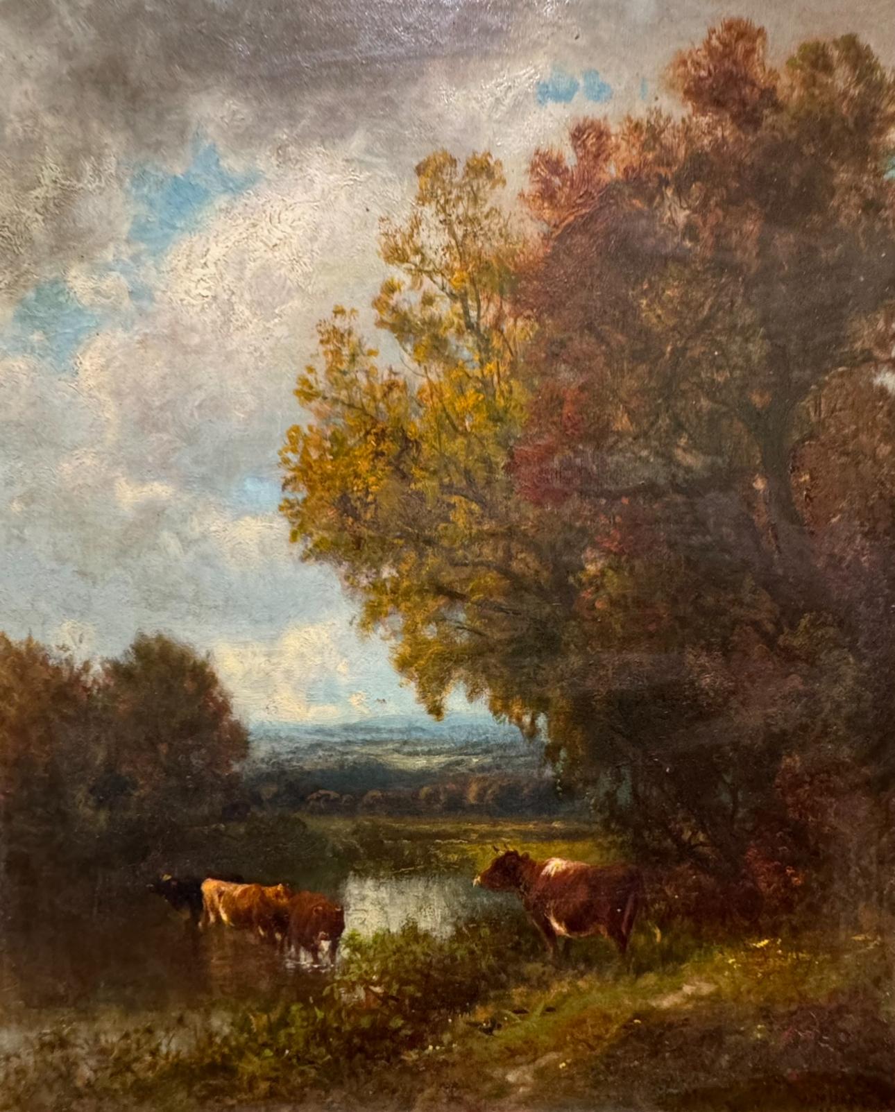 EXPUESTO Escuela americana de vacas del río Hudson Paisaje de arroyo con vacas en venta 3