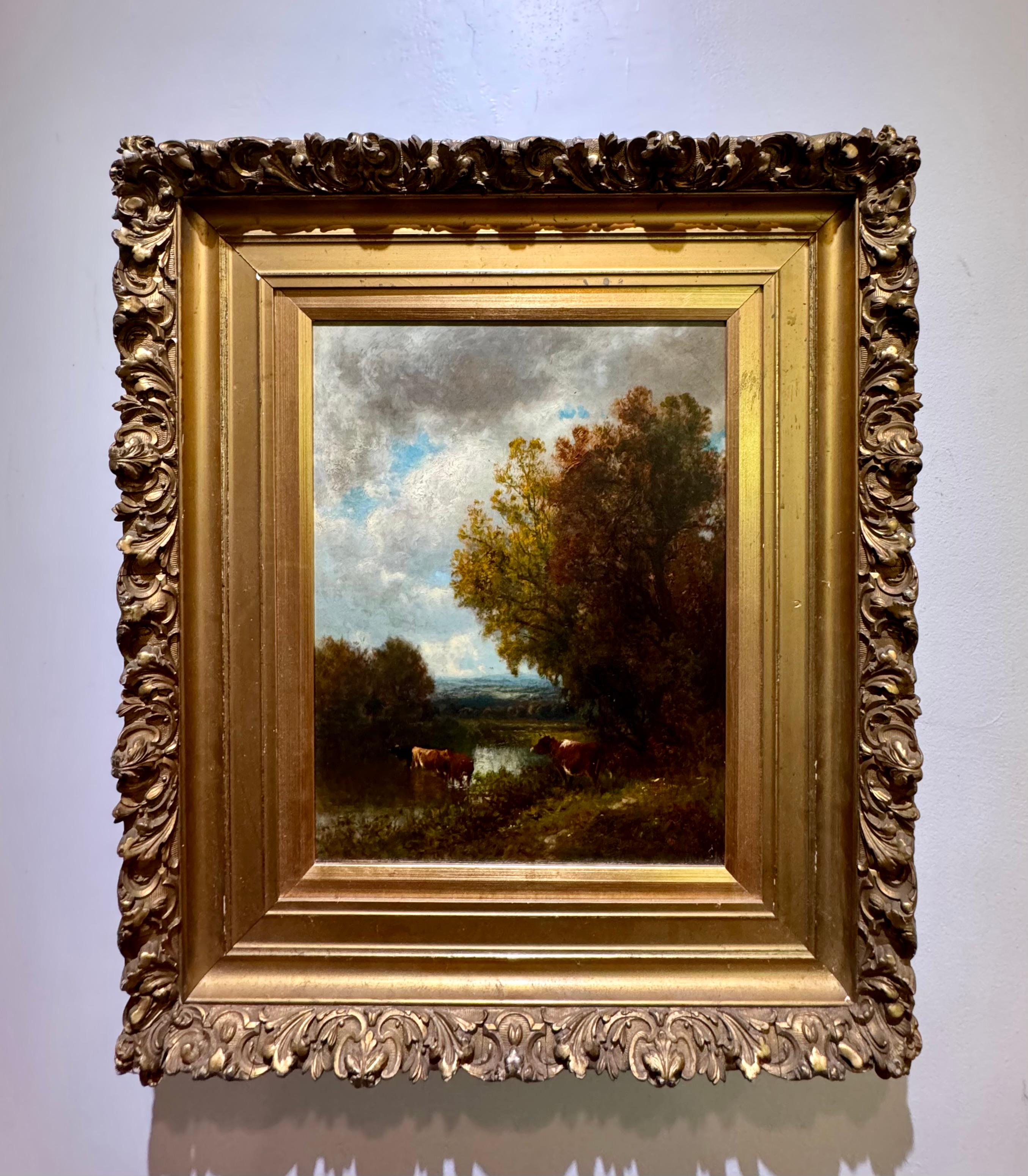Landscape Painting de William Hart - EXPUESTO Escuela americana de vacas del río Hudson Paisaje de arroyo con vacas