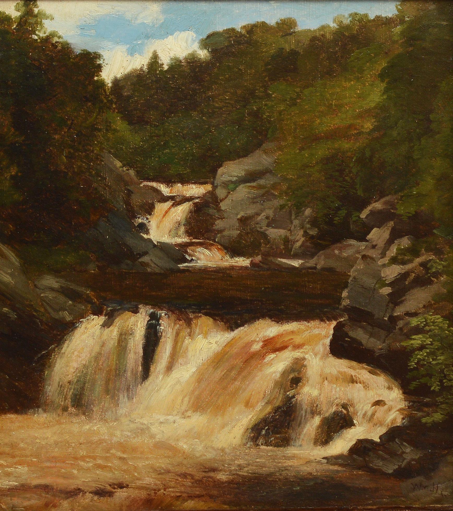 Hudson River School landscape with a waterfall by William Hart  (1823 - 1894).  Oil on canvas, circa 1850.  Signed lower right.  Displayed in a giltwood frame.  Image size, 11