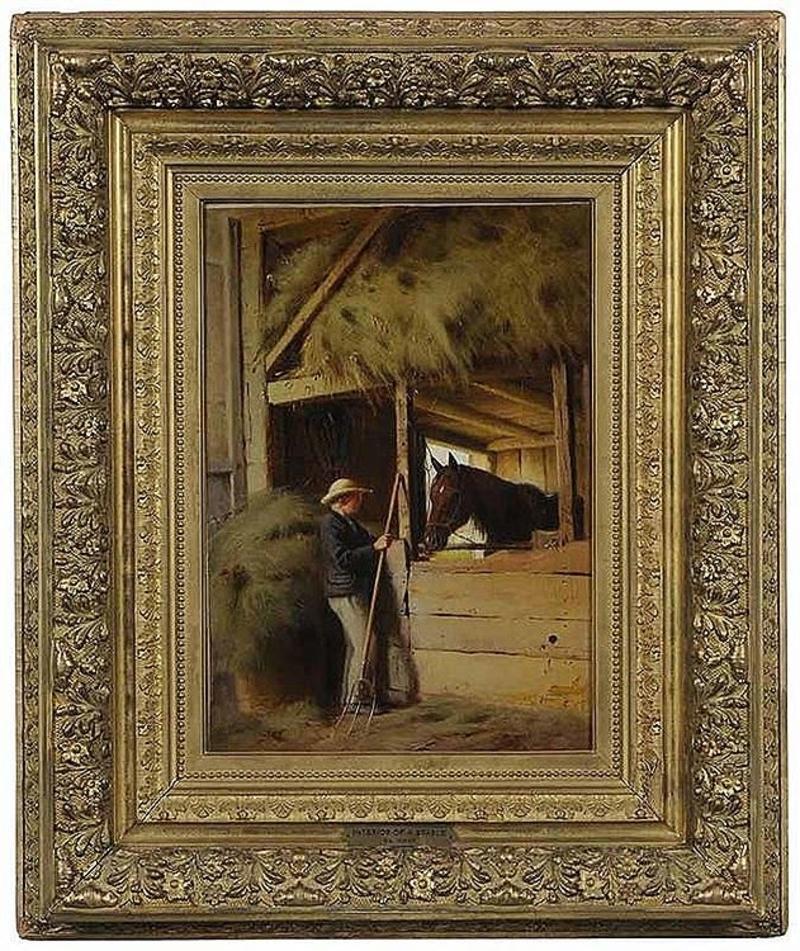 « Intérieur d'une écurie » William Hart, Hudson River School Antique, Boy and Horse en vente 1