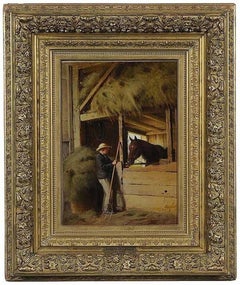"Interior of a Stable" William Hart, Hudson River School Antique, Boy and Horse