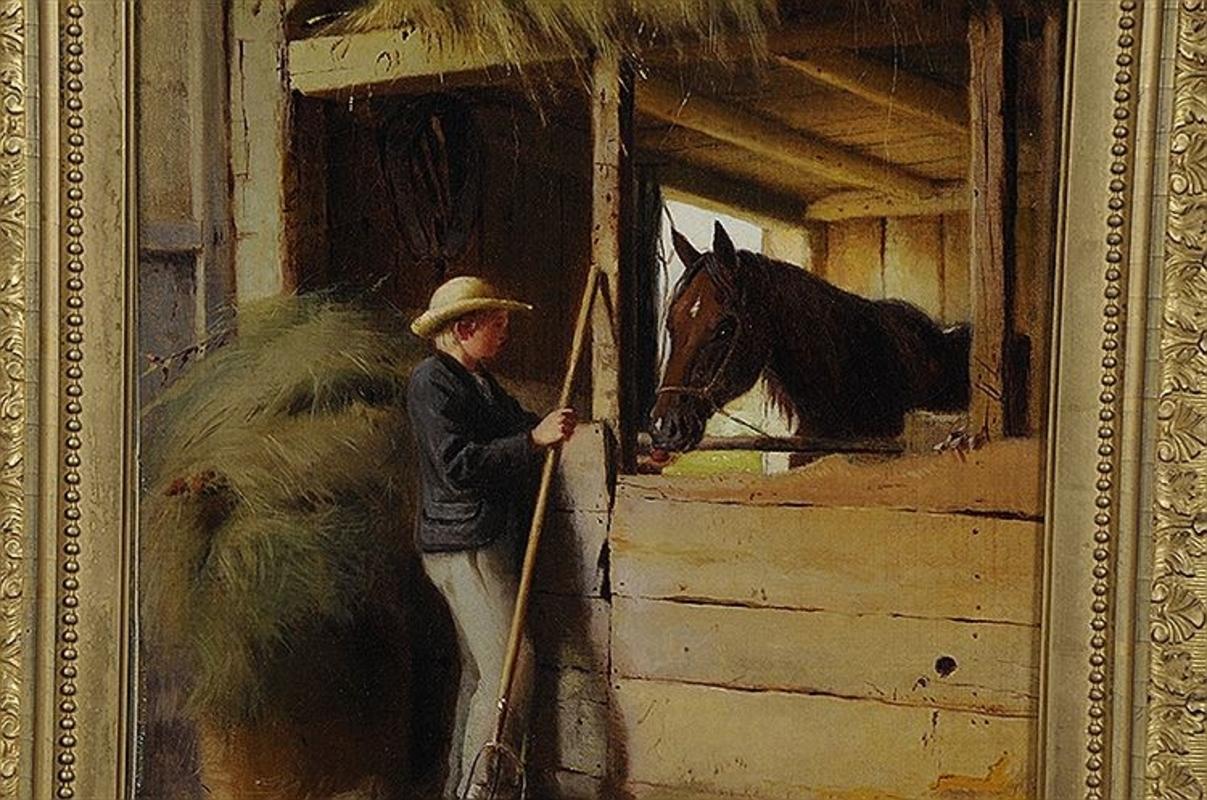 « Intérieur d'une écurie » William Hart, Hudson River School Antique, Boy and Horse en vente 2