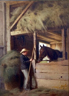 « Intérieur d'une écurie » William Hart, Hudson River School Antique, Boy and Horse