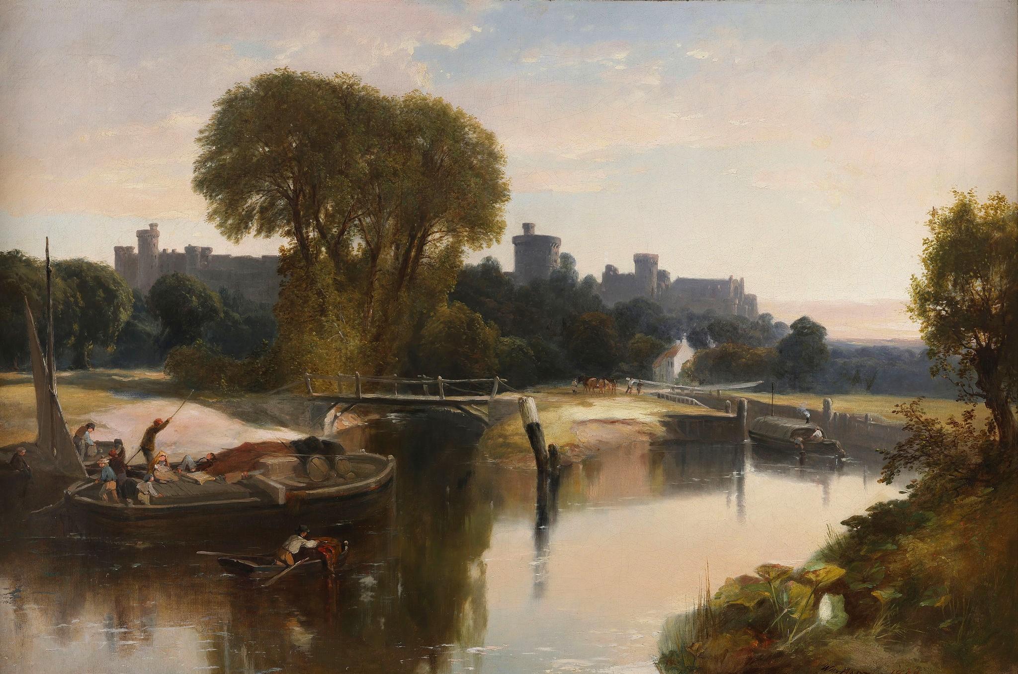 Windsor Castle from the River Thames. An antique oil painting - Painting by William Hart