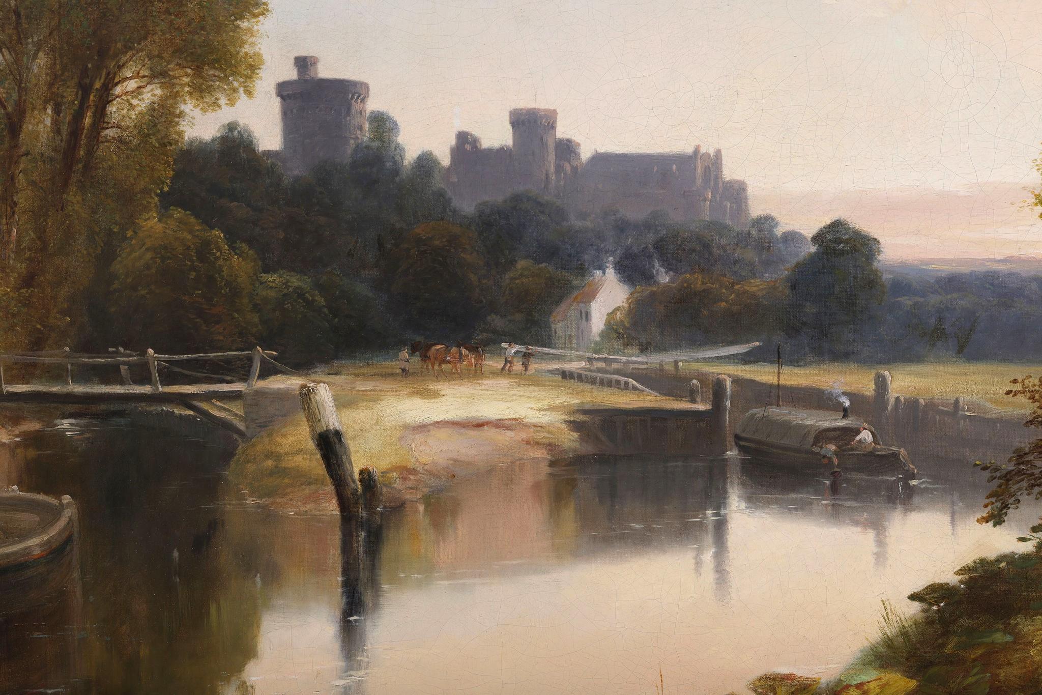 Windsor Castle from the River Thames. An antique oil painting - Brown Landscape Painting by William Hart