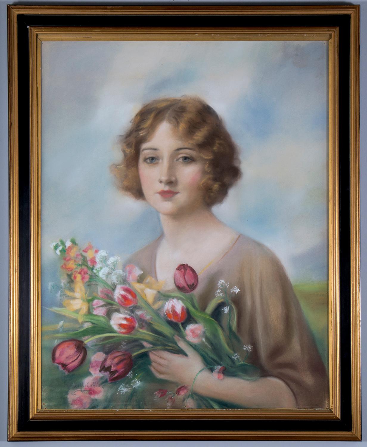 A Red Book Cover Girl With Flowers - Painting by William Haskell Coffin