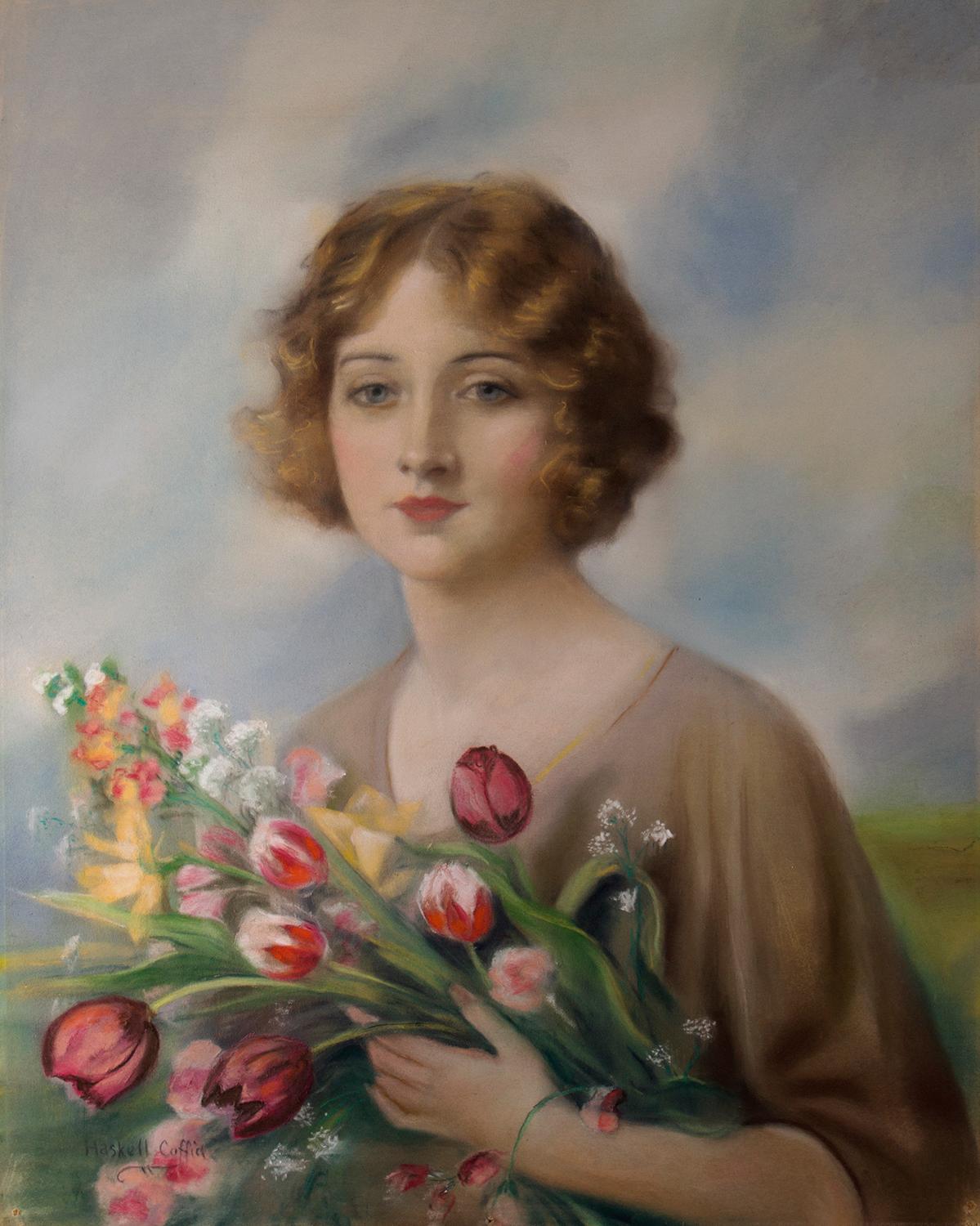 William Haskell Coffin Figurative Painting - A Red Book Cover Girl With Flowers