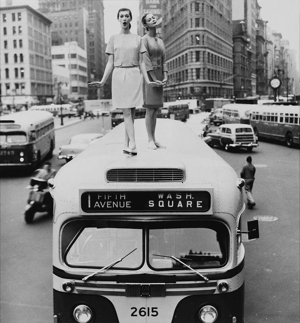 Bus Top: Dovima and Jean Patchett, Madison Square, New York, Harper's Bazaar