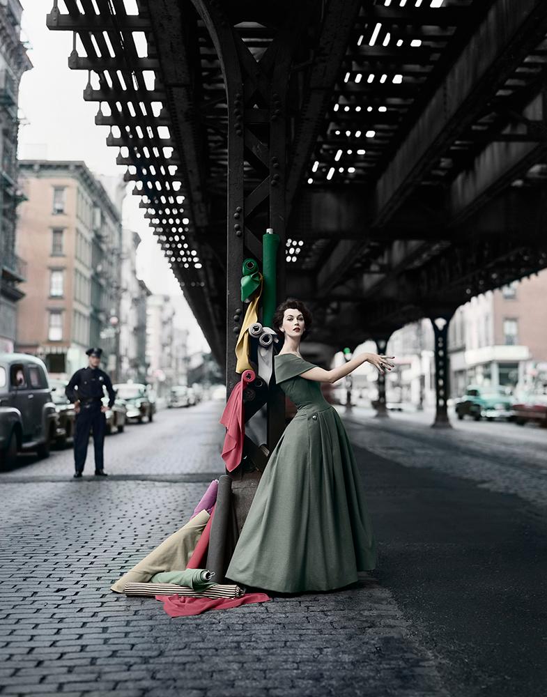 William Helburn Color Photograph - Dovima Under the El - Dior Creates Cosmopolitan Drama