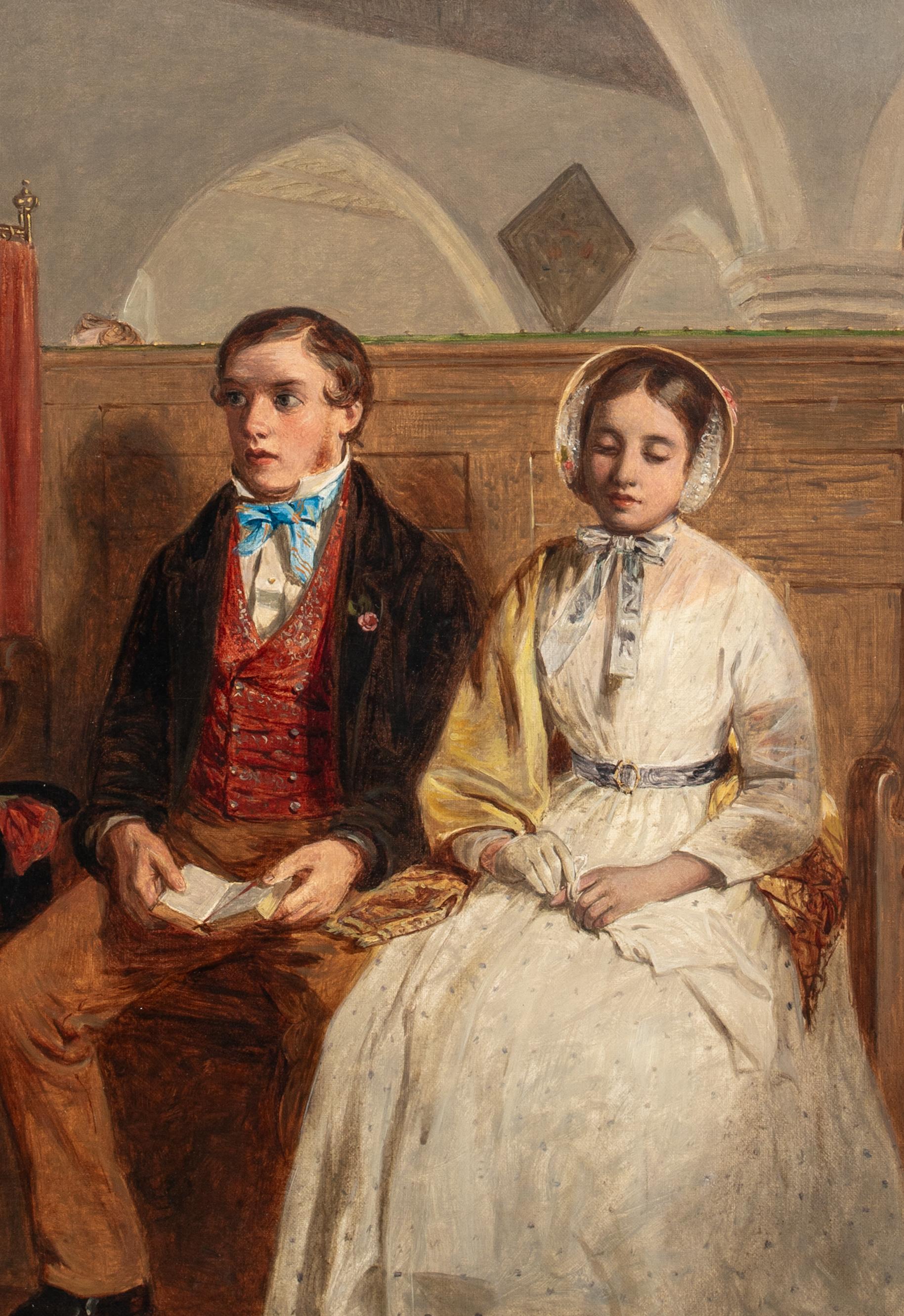 The First Time Of Asking, 19th Century 

by WILLIAM HEMSLEY (BRITISH 1817-1906) similar works to $25,000

Large 19th Century English church interior scene of young man and his fiancé, oil on canvas by William Hemsley. Beautiful church scene of the