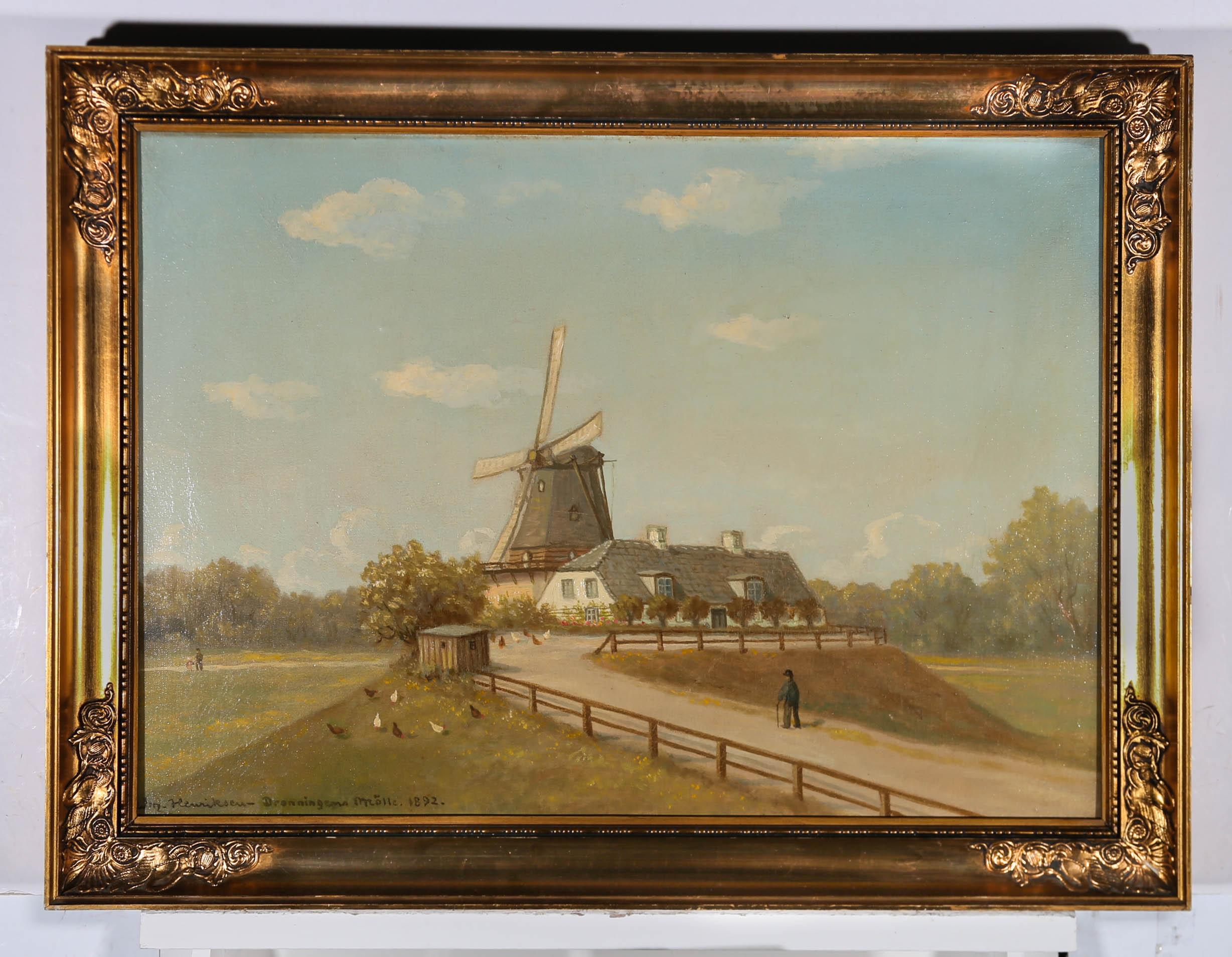 A charming oil painting by Danish artist William Henriksen depicting a white sailed windmill and cottage in the seaside town of Dronningmølle, Denmark. The painting has been signed to the lower left-hand corner. With the later addition of a location