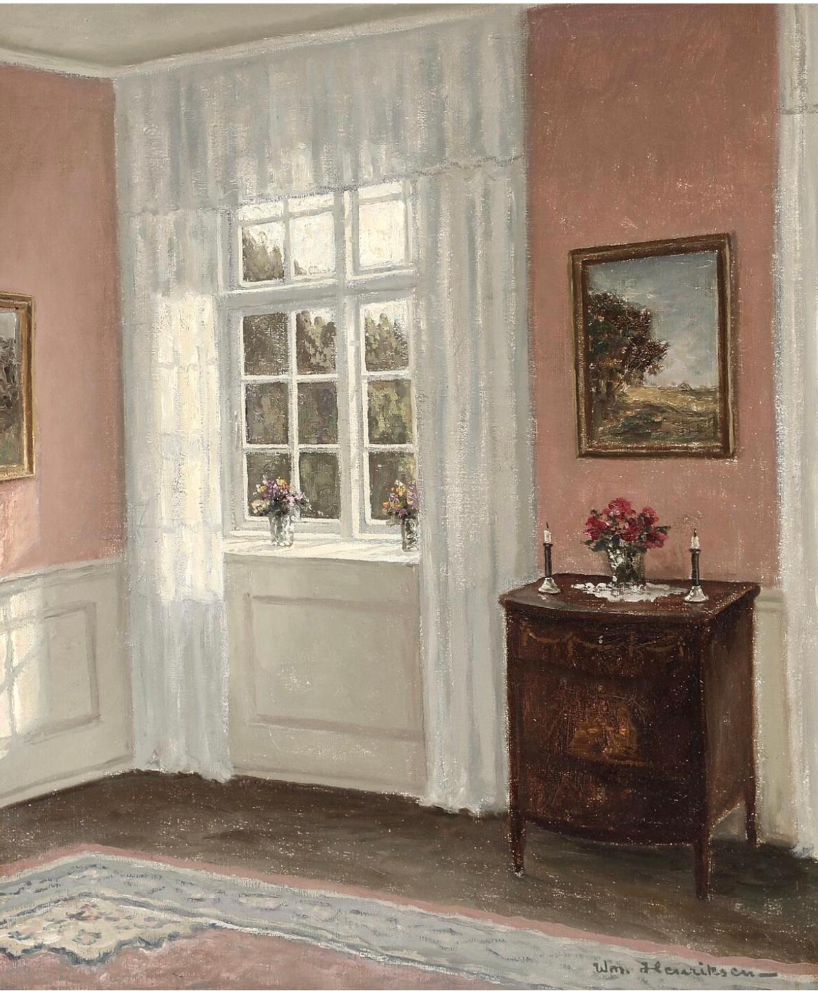 William Henriksen Interior Painting - Window’s Light in a Pink Interior -  Wilhelm Henriksen (1880-1964) Danish school