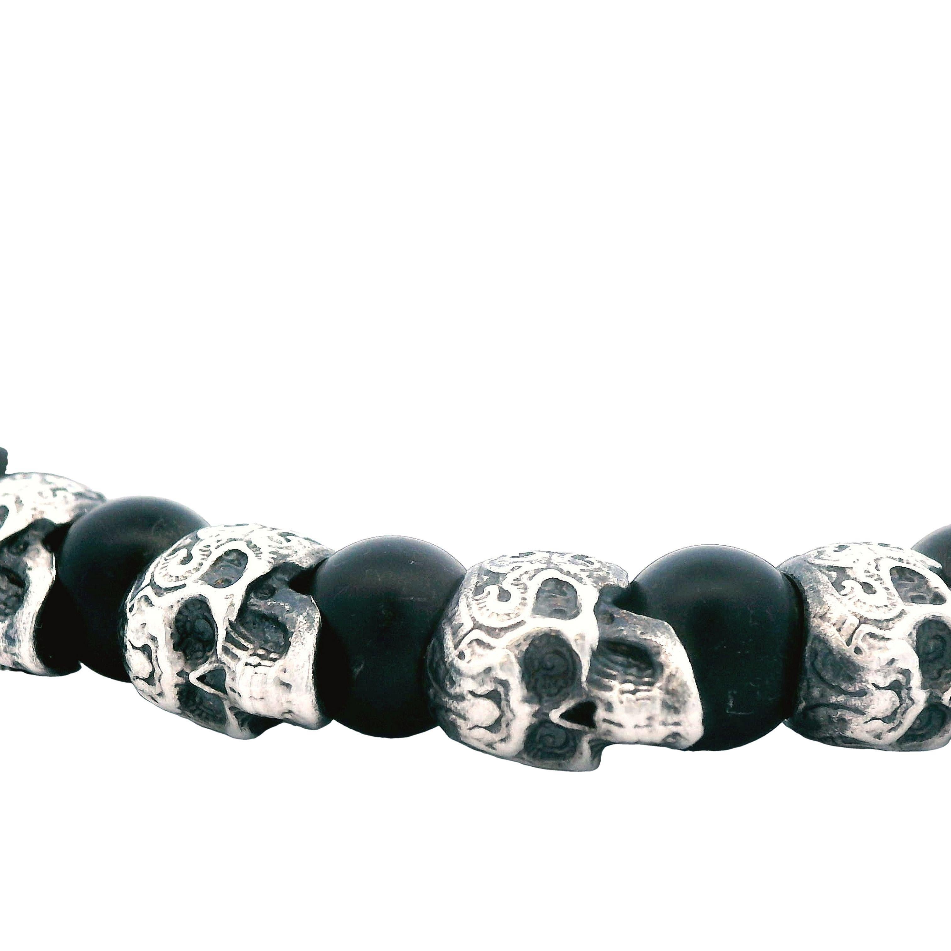 Ball Cut WILLIAM HENRY Alternating Shaman Onyx & Silver Skull Bracelet 925 Silver For Sale