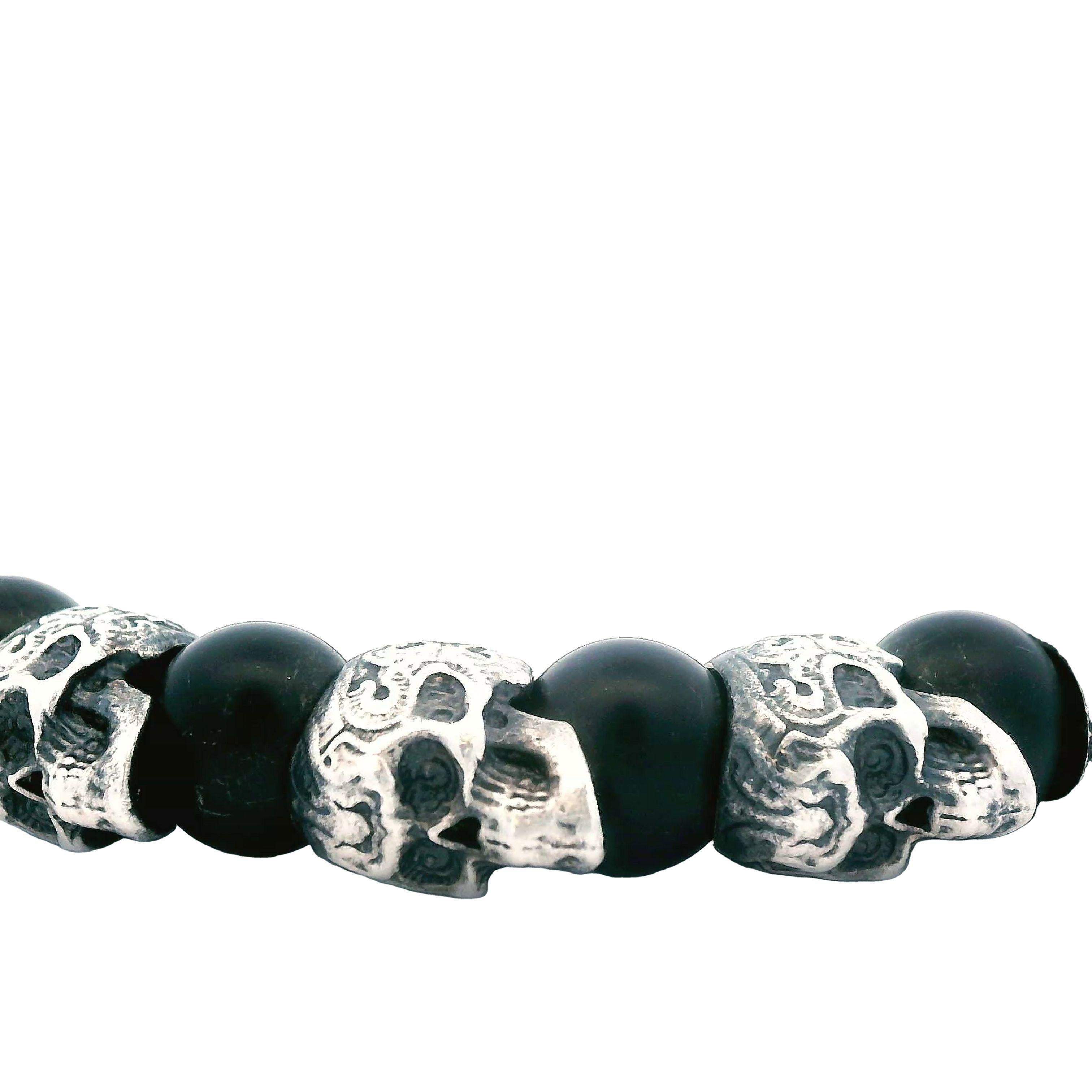 Women's WILLIAM HENRY Alternating Shaman Onyx & Silver Skull Bracelet 925 Silver For Sale