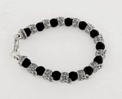 William Henry Alternating Silver Skulls Black Onyx Mens Bead Bracelet