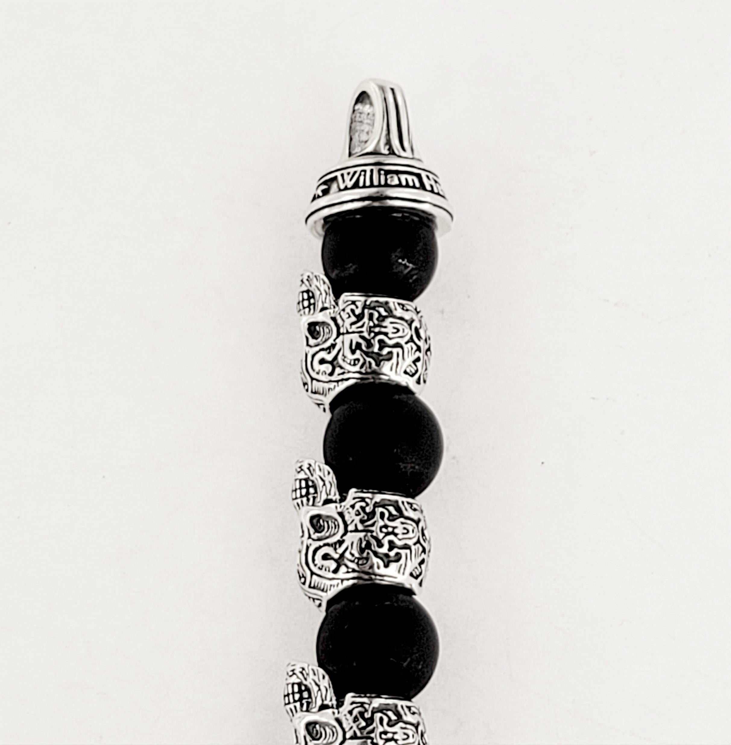 William Henry Alternating Silver Skulls Black Onyx Mens Bead Bracelet In New Condition For Sale In New York, NY