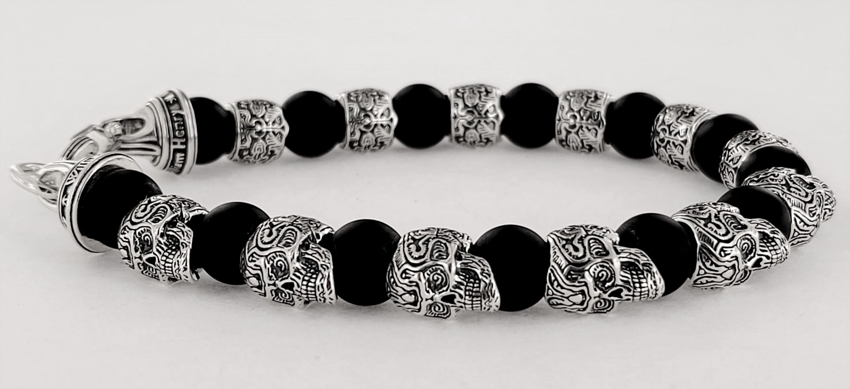 Men's William Henry Alternating Silver Skulls Black Onyx Mens Bead Bracelet For Sale