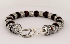 William Henry Alternating Silver Skulls Tyger-Eye Onyx Men's Bead Bracelet