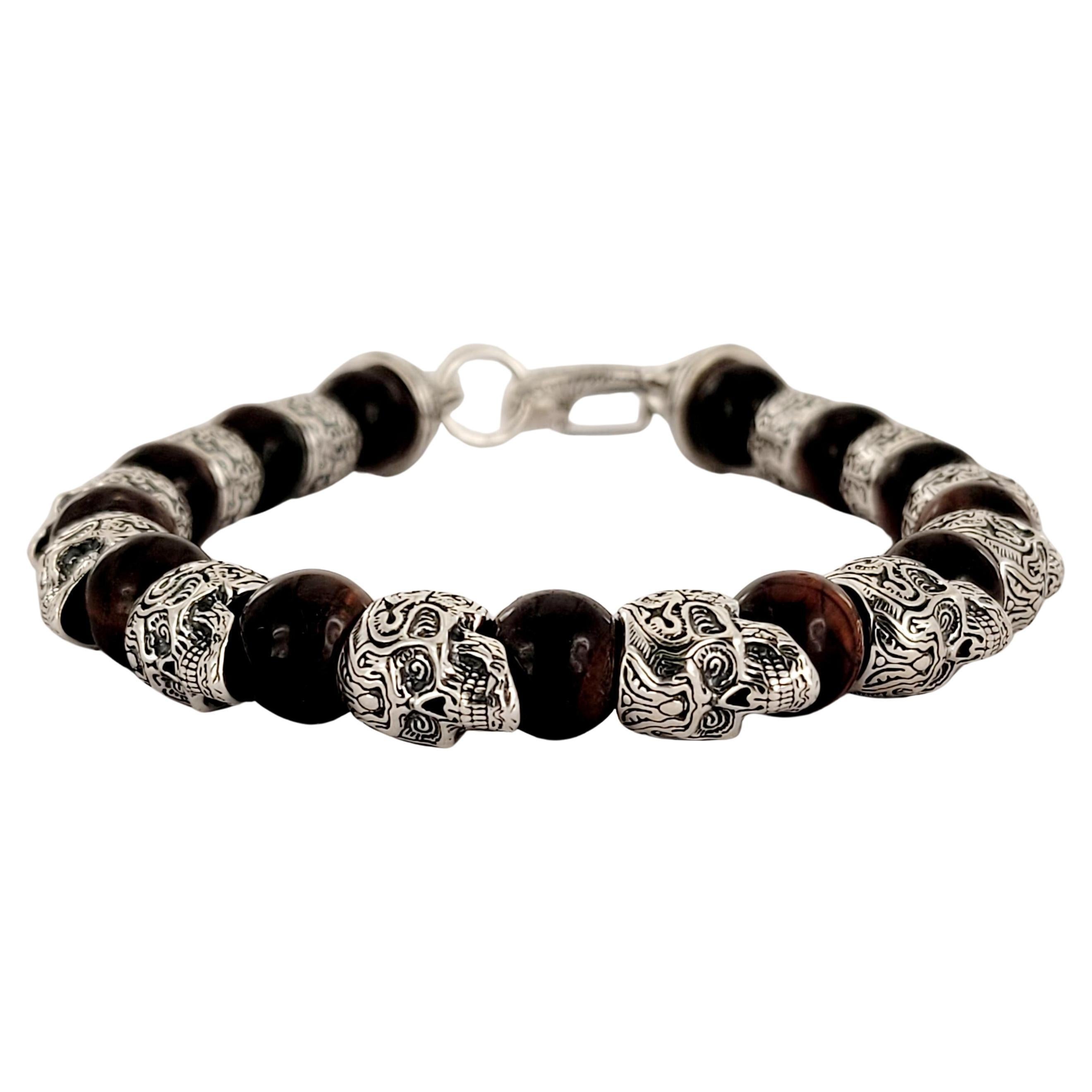 William Henry Alternating Silver Skulls Tyger-Eye Onyx Men's Bead Bracelet