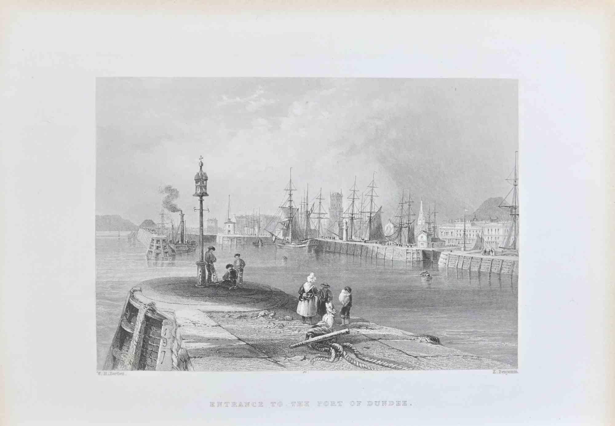 entrée au port de Dundee - Lithographie de W.H. Bartlett - 19ème siècle