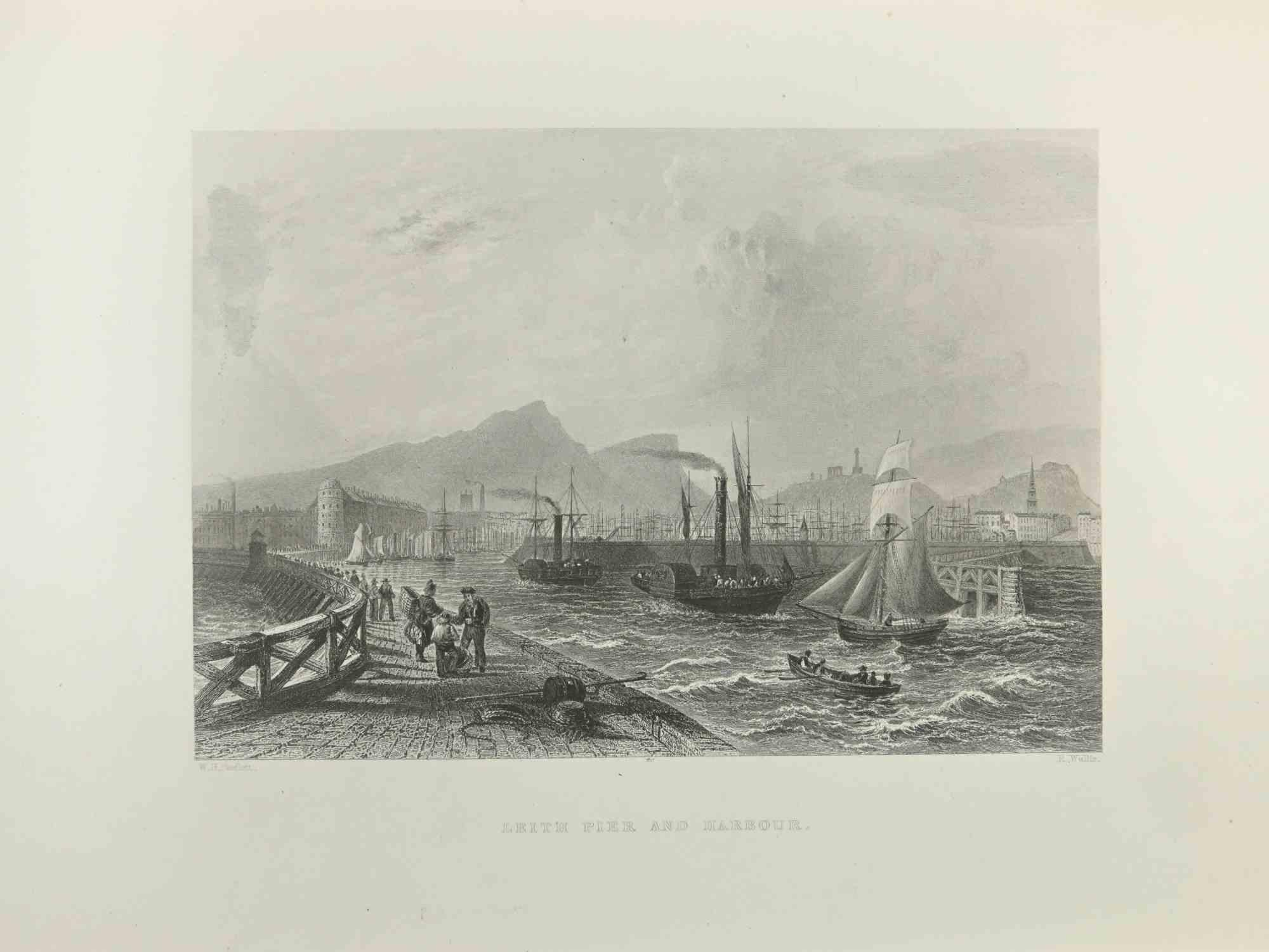 William Henry Bartlett  Figurative Print – Leith Pier and Harbour – Radierung von W.H. Bartlett – 1845