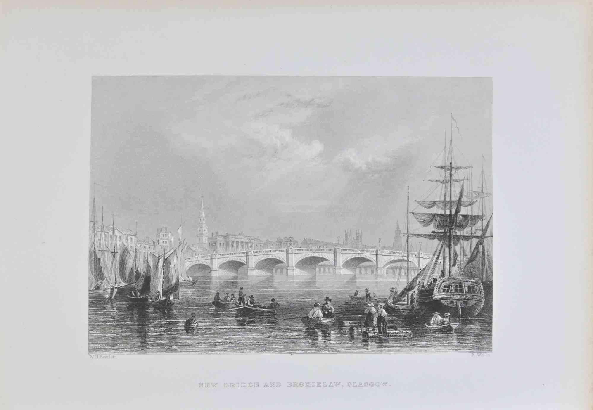 William Henry Bartlett  Landscape Print - New Bridge and Bromielaw, Glasgow - Lithograph By W.H. Bartlett - 19th Century