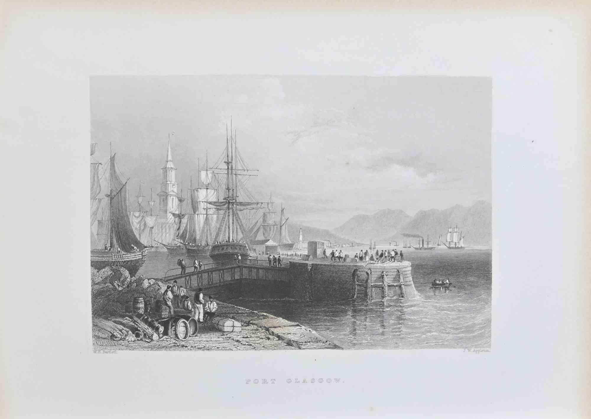 William Henry Bartlett  Landscape Print – Lithographie „Port Glasgow“ von W.H. Bartlett – 19. Jahrhundert