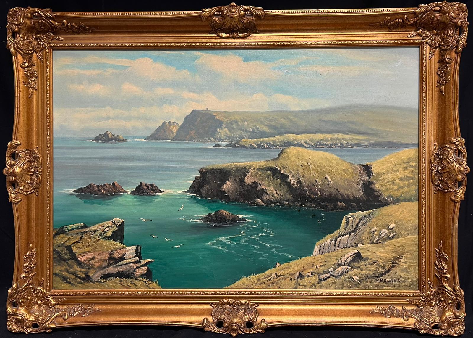 Animal Painting de WILLIAM HENRY BURNS (1924-1995) - Paisaje costero irlandés Acantilados y océano Glen Head Condado de Donegal Pintura grande