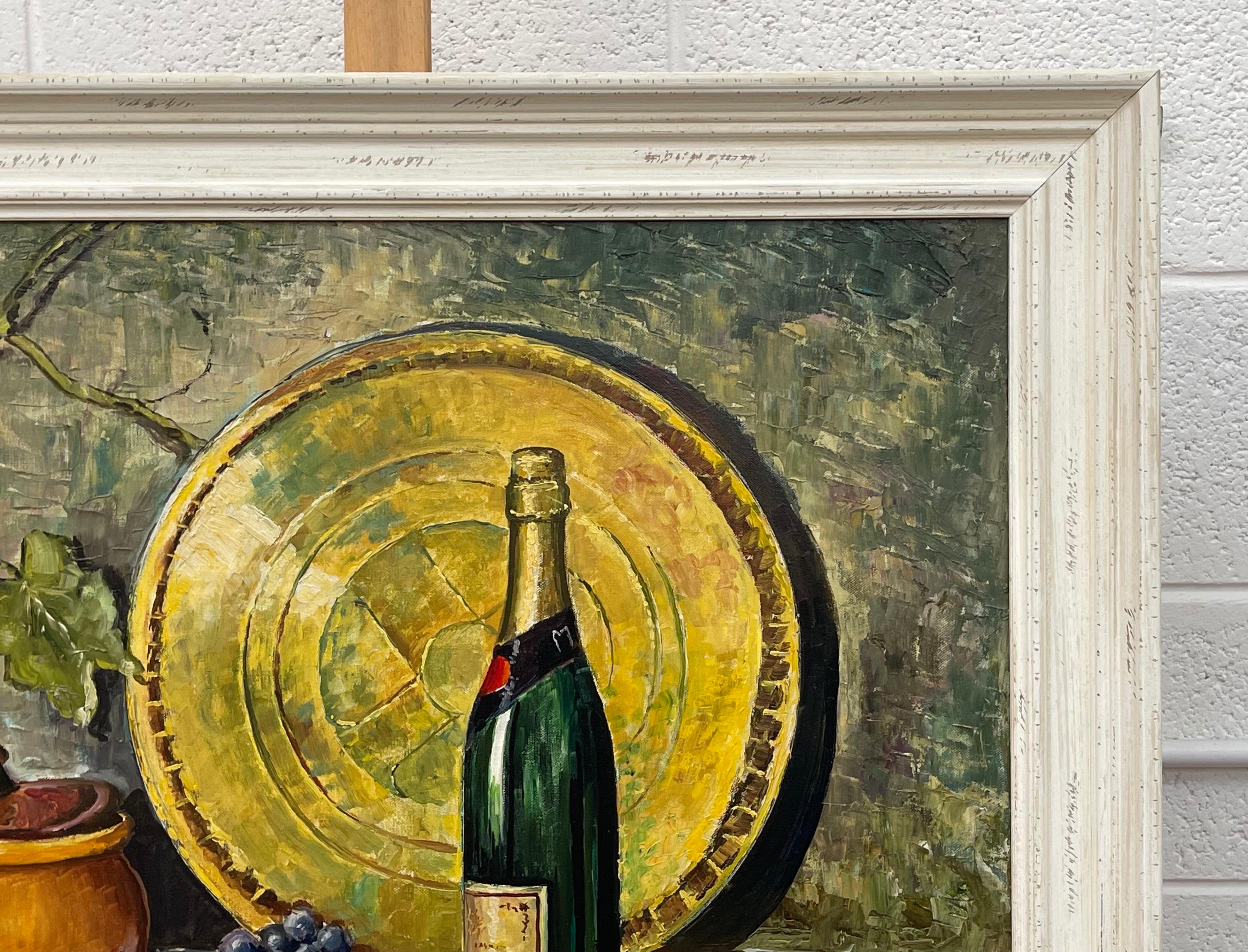 Champagne Bottle with Grapes Still Life Oil Painting by 20th Century Artist For Sale 5