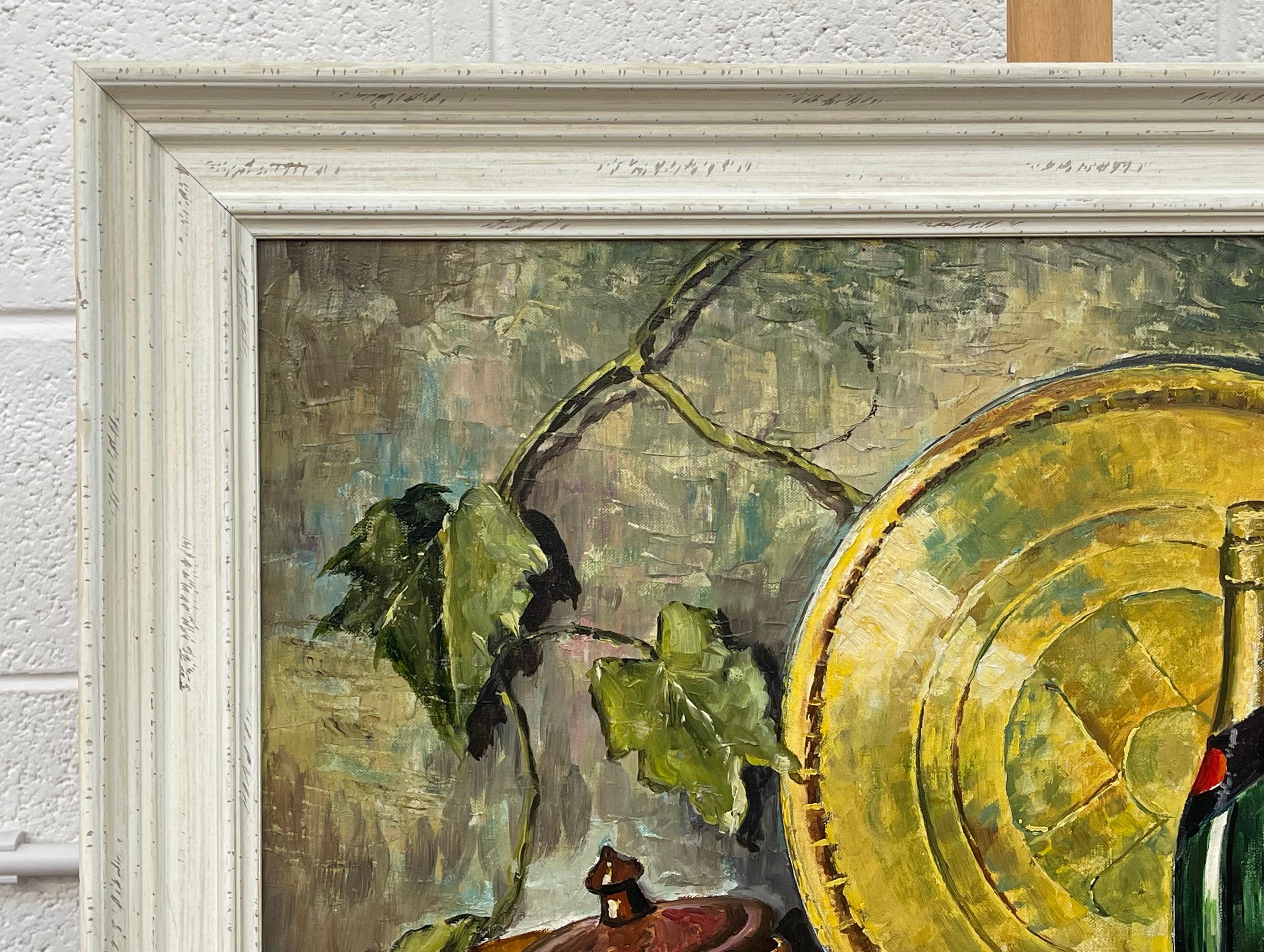 Nature morte à la bouteille de champagne et au raisin, peinture à l'huile d'un artiste du 20e siècle en vente 5