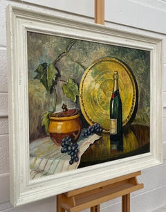 Nature morte à la bouteille de champagne et au raisin, peinture à l'huile d'un artiste du 20e siècle