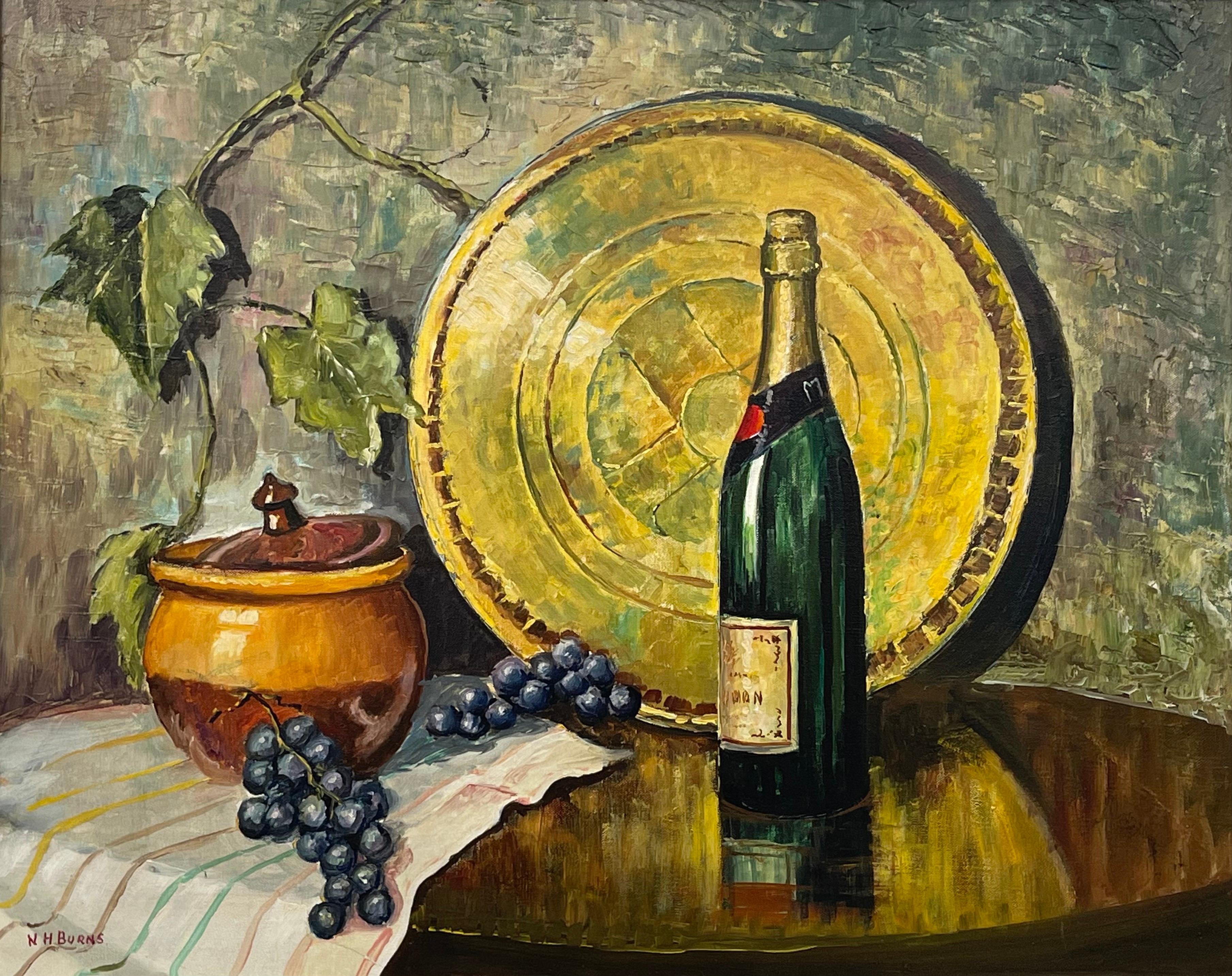 Champagne Bottle with Grapes Still Life Oil Painting by 20th Century Artist - Brown Still-Life Painting by William Henry Burns