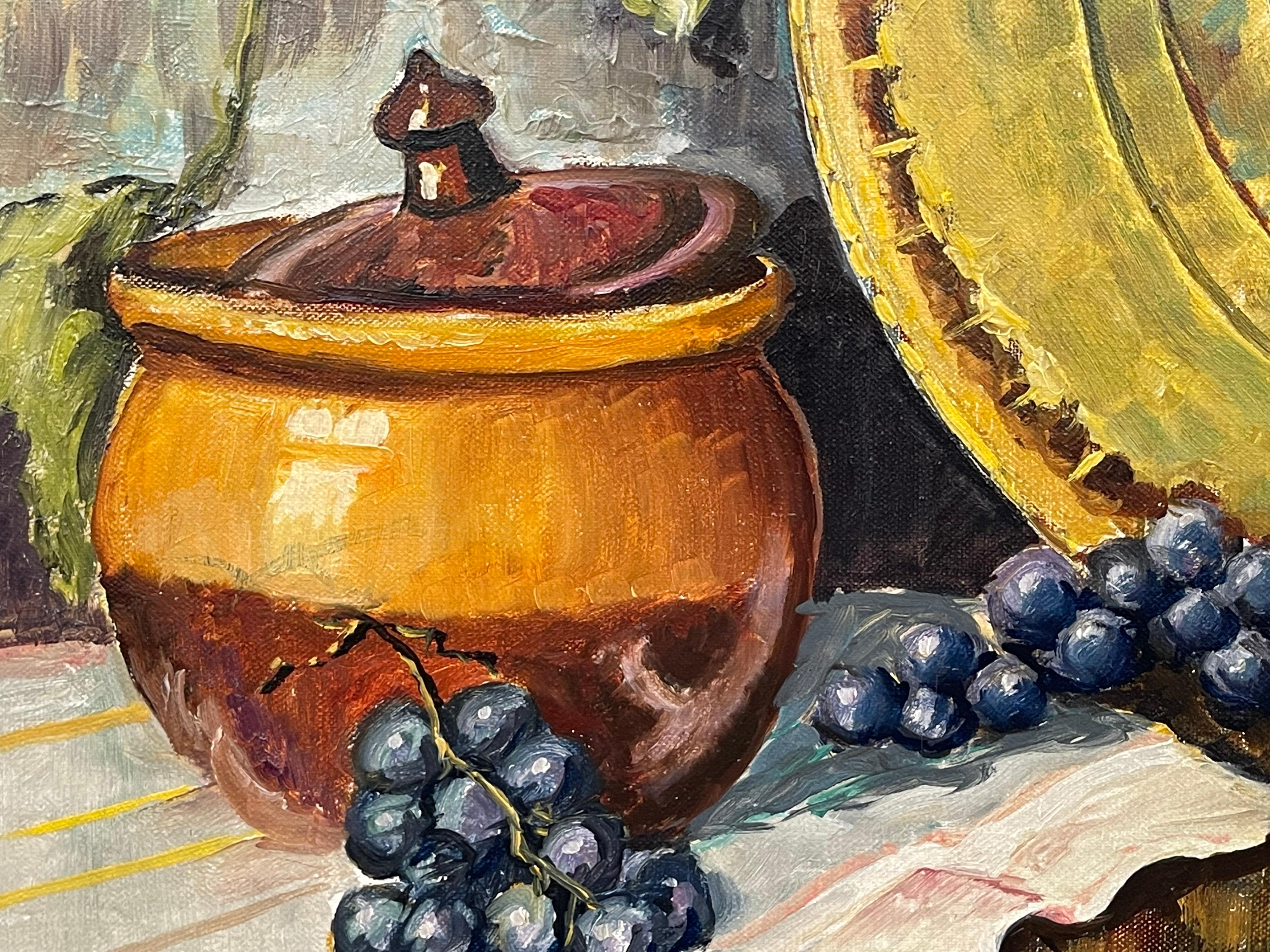 Nature morte à la bouteille de champagne et au raisin, peinture à l'huile d'un artiste du 20e siècle en vente 1