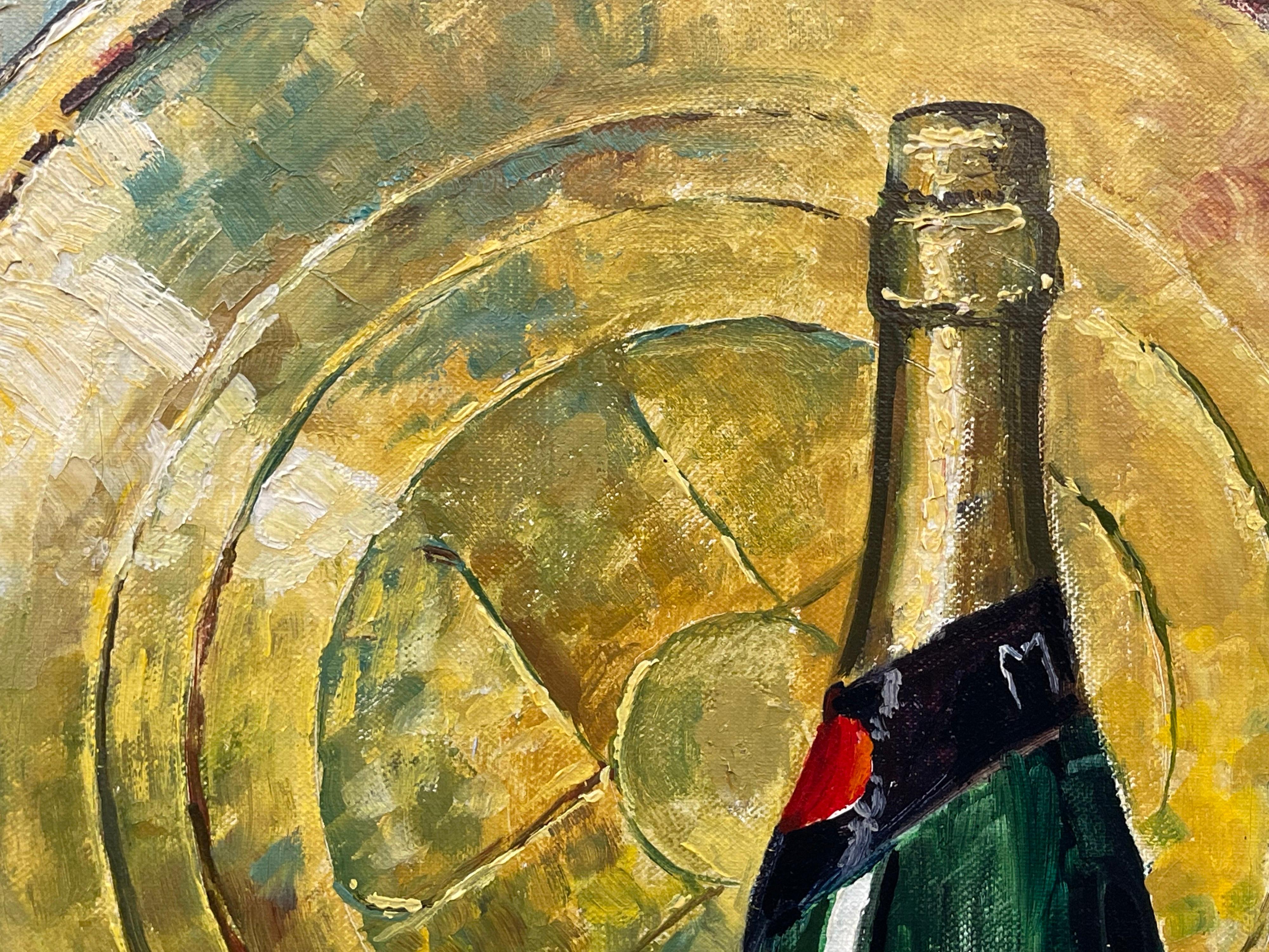 Nature morte à la bouteille de champagne et au raisin, peinture à l'huile d'un artiste du 20e siècle en vente 2