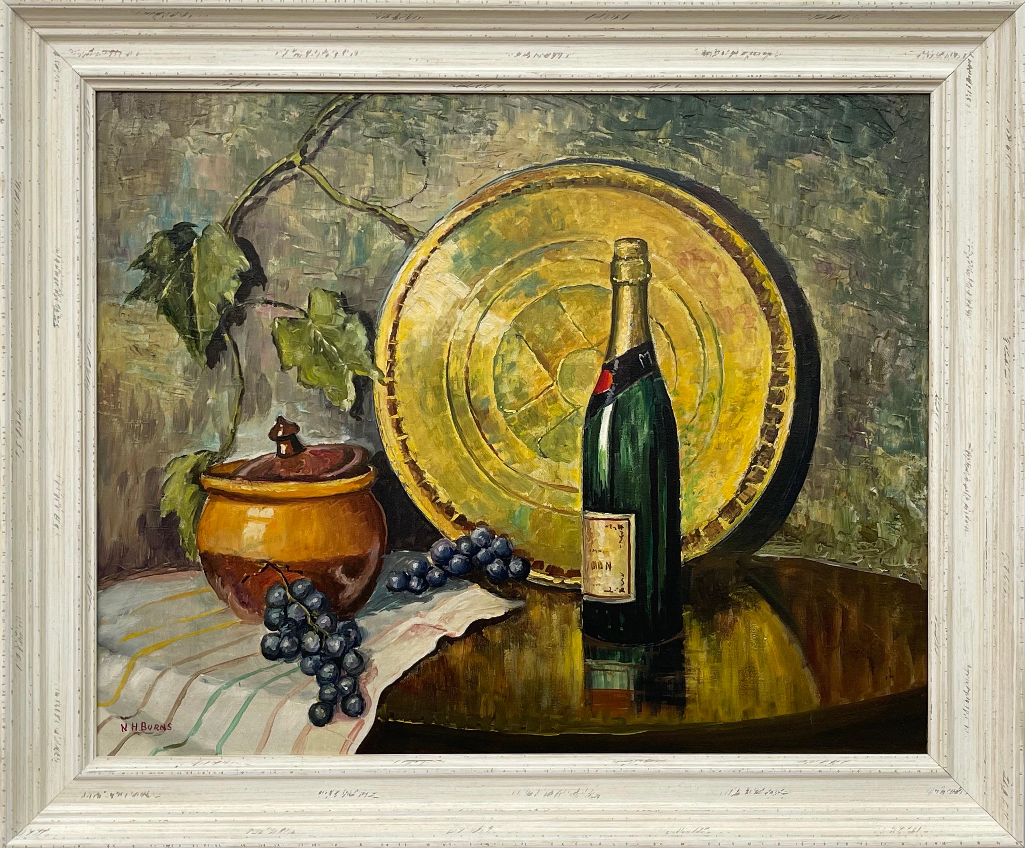 Still-Life Painting William Henry Burns - Nature morte à la bouteille de champagne et au raisin, peinture à l'huile d'un artiste du 20e siècle