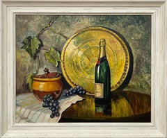 Champagne Bottle with Grapes Still Life Oil Painting by 20th Century Artist