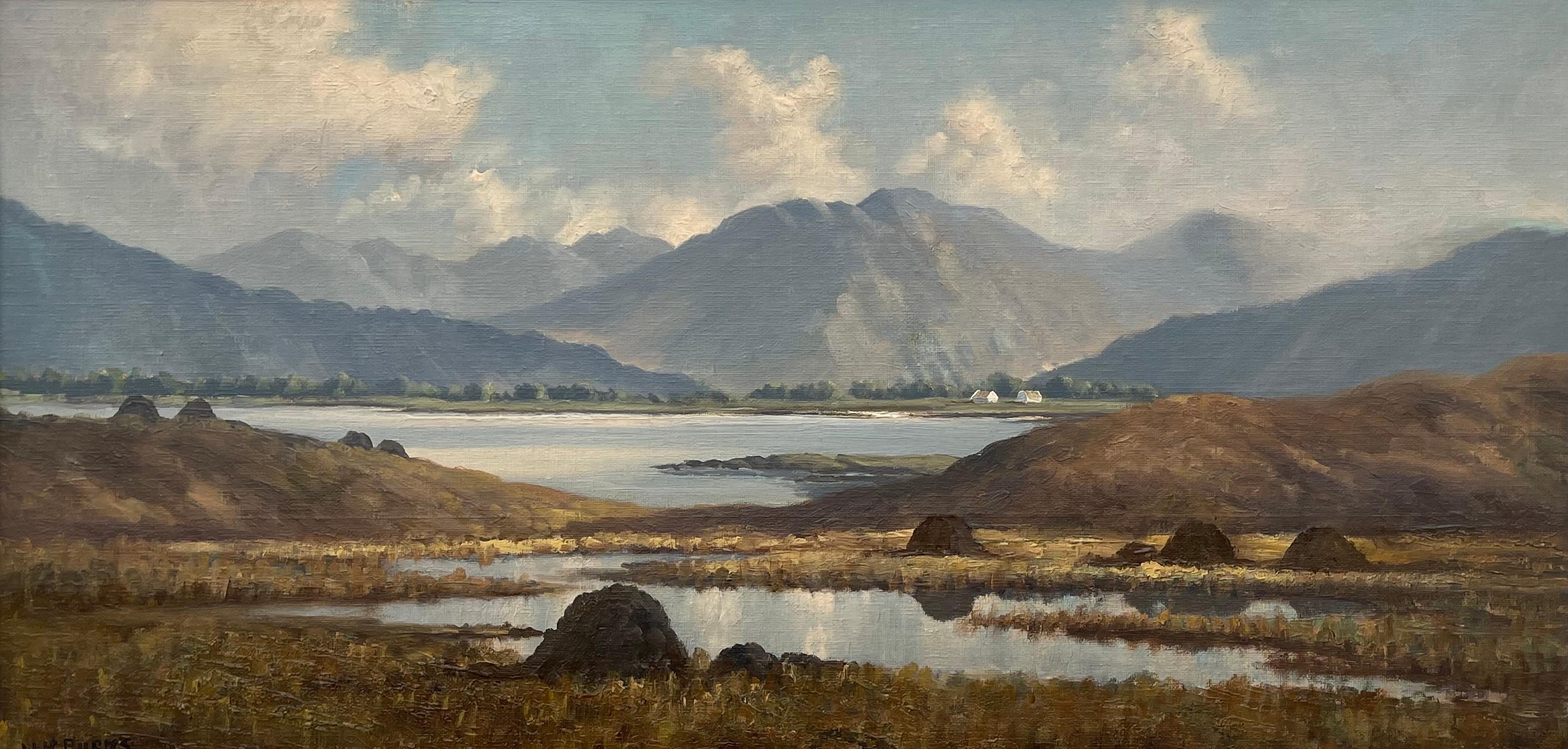 Oil Painting of Mountain Lake Scene in Connemara Ireland by Modern Irish Artist - Brown Figurative Painting by William Henry Burns
