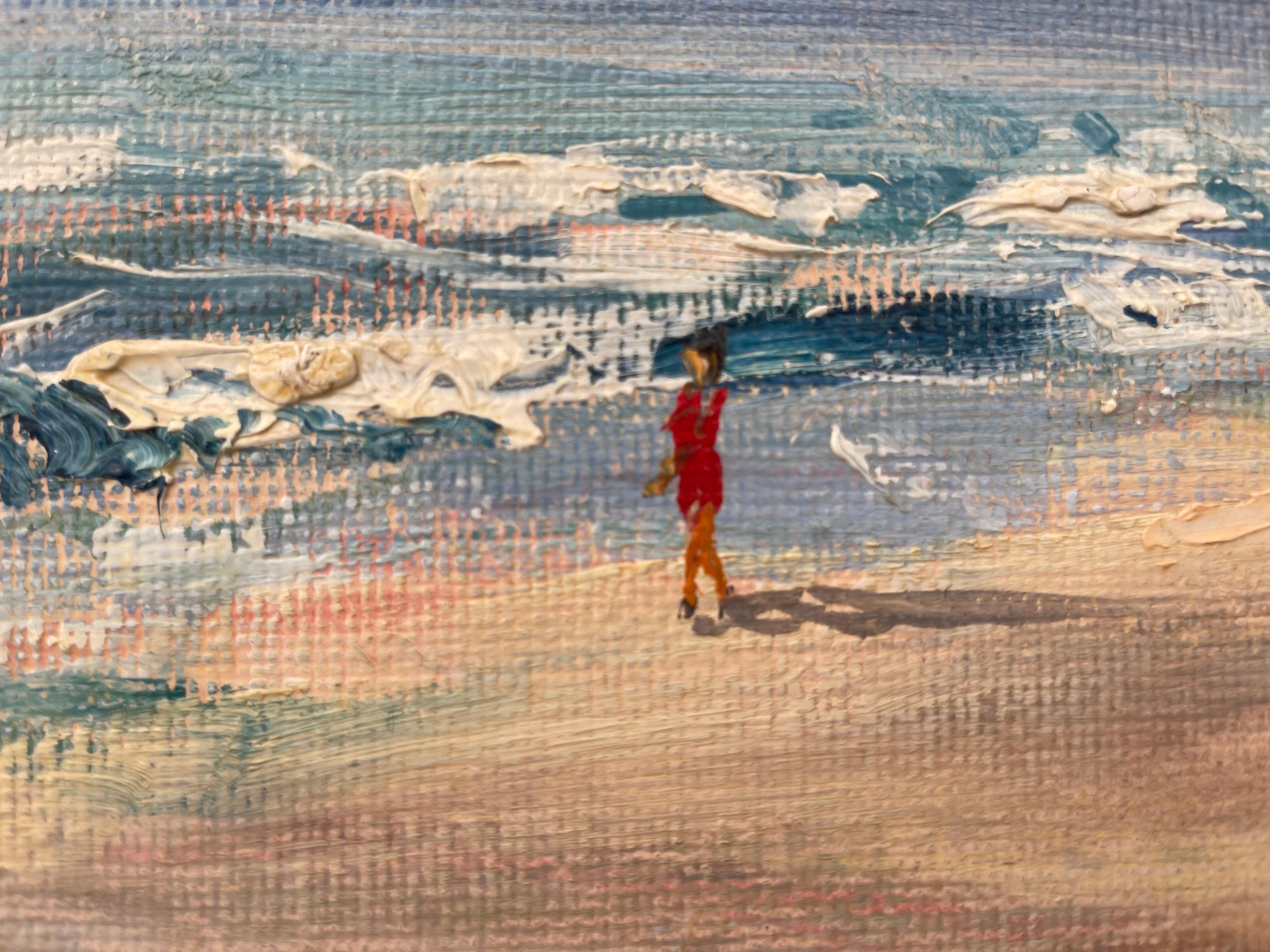 Peinture à l'huile originale d'une scène de plage à Fairhead, Irlande, par un artiste irlandais moderne - Gris Landscape Painting par William Henry Burns