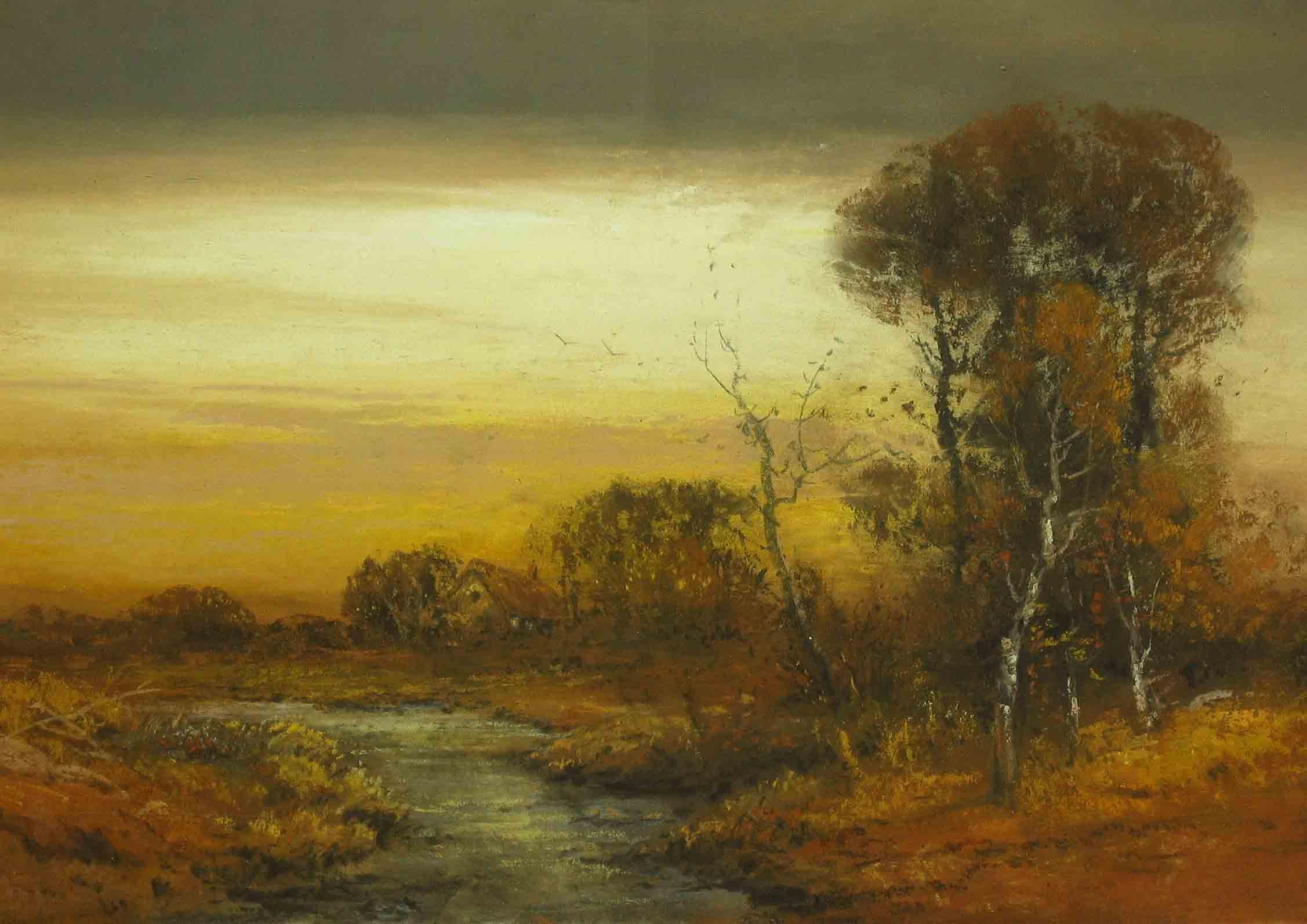 William Henry Chandler Pastel, Cottage by a Shallow Creek in Autumn at