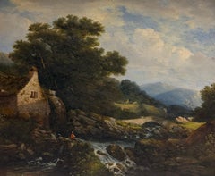 1838 British River Landscape Watermill Bridge Figures Large Gilt Frame Painting