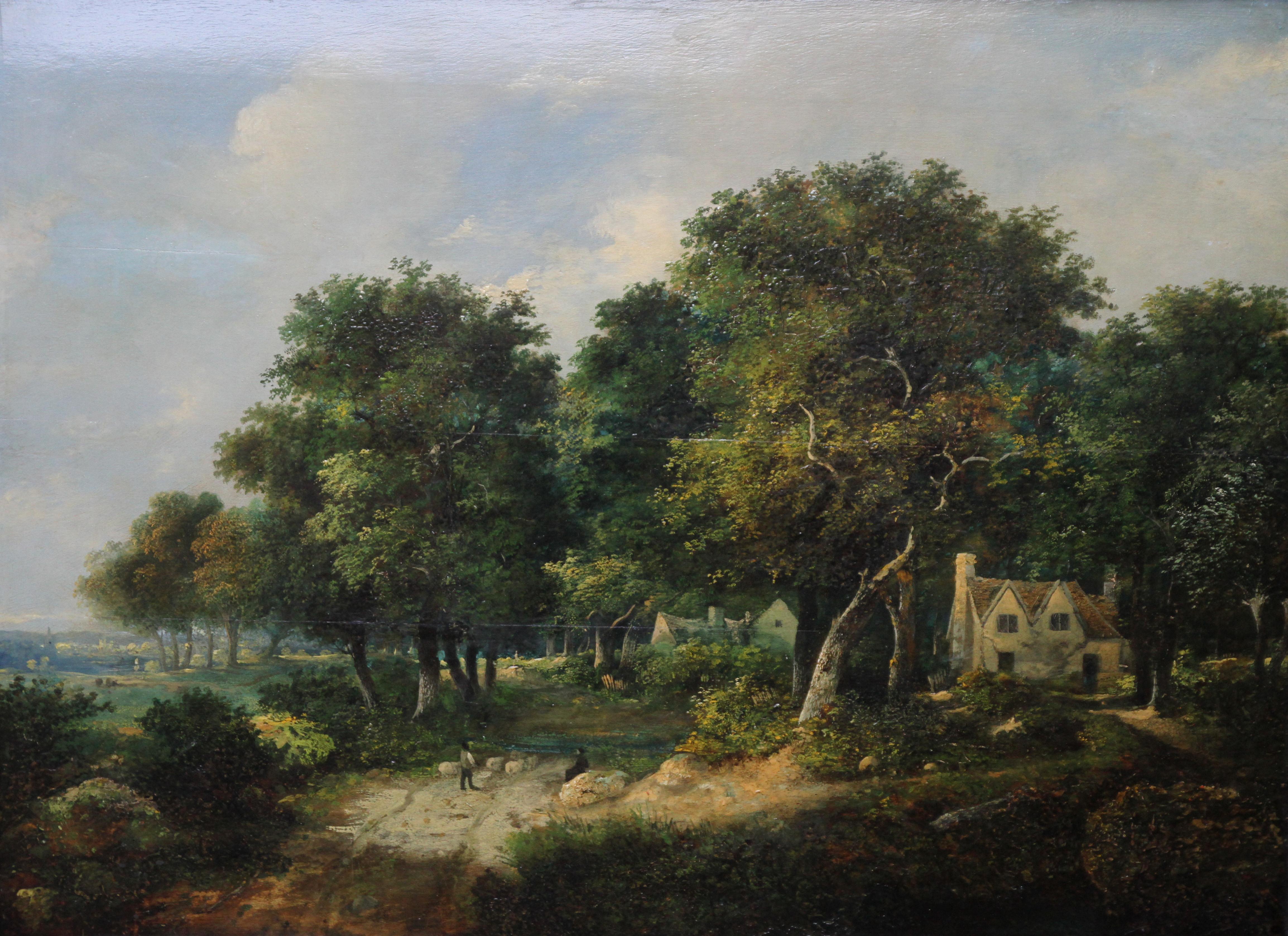 Landscape with Cottages and Sheep - British Victorian 1850's art oil painting For Sale 7