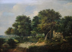 Landscape with Cottages and Sheep - British Victorian 1850's art oil painting