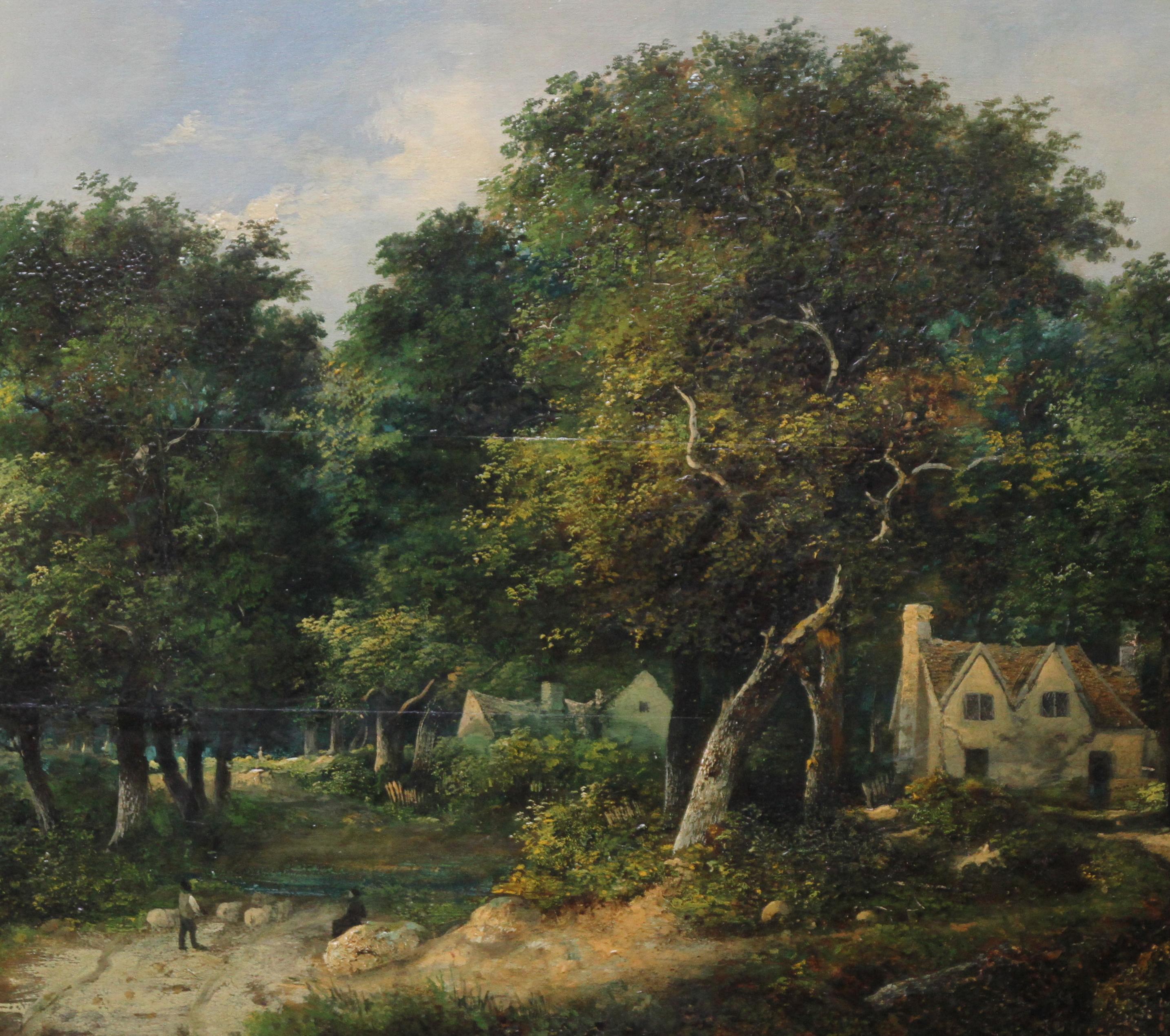 This superb oil on panel painting is by British Victorian artist William Henry Crome, son of artist John Crome, founder of the Norwich School. Painted circa 1850 the painting depicts a wooded landscape with a shepherd driving sheep along a lane past